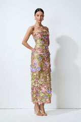 A Blooming Moment Nude Floral Embroidered Strapless Maxi Dress
