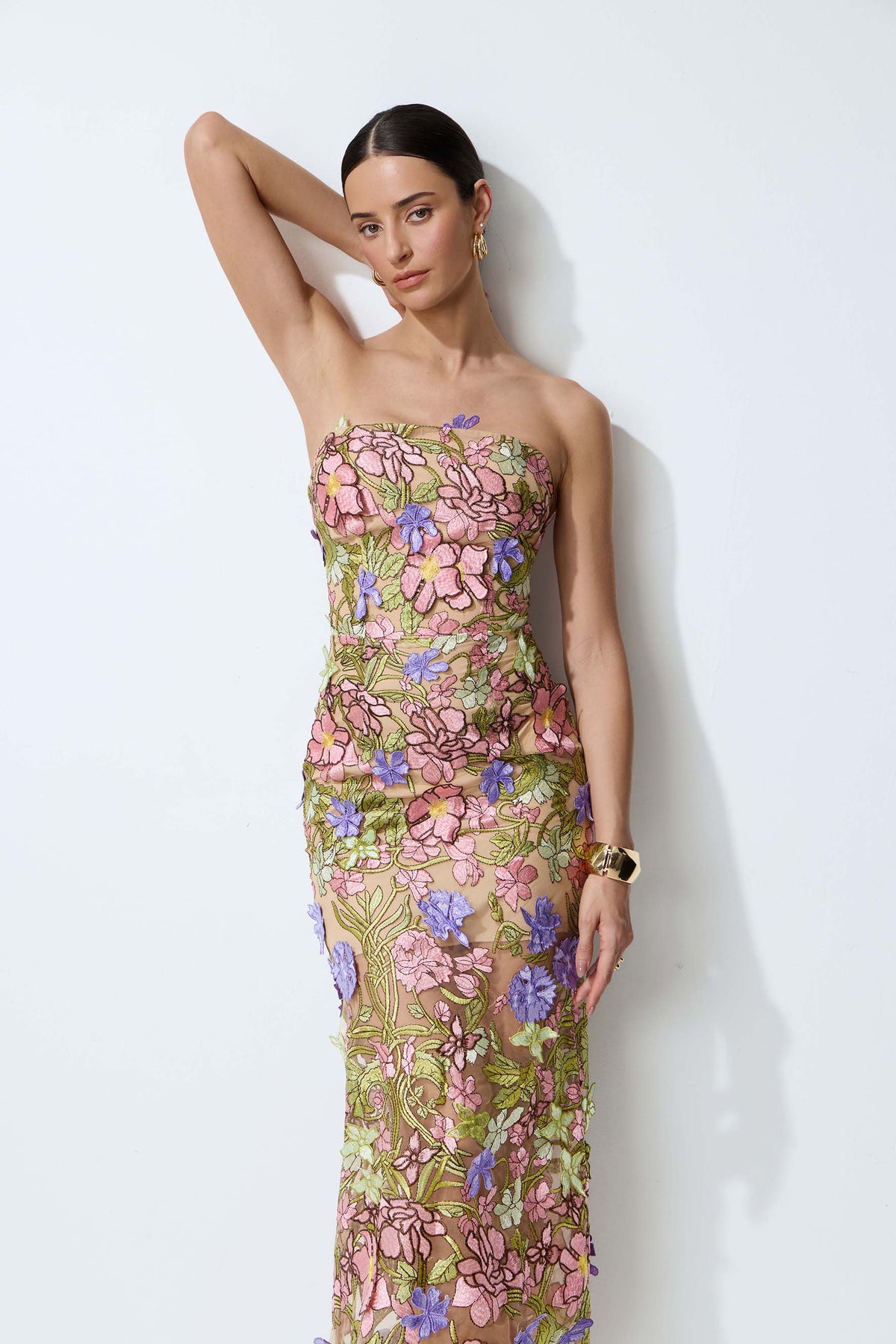 A Blooming Moment Nude Floral Embroidered Strapless Maxi Dress