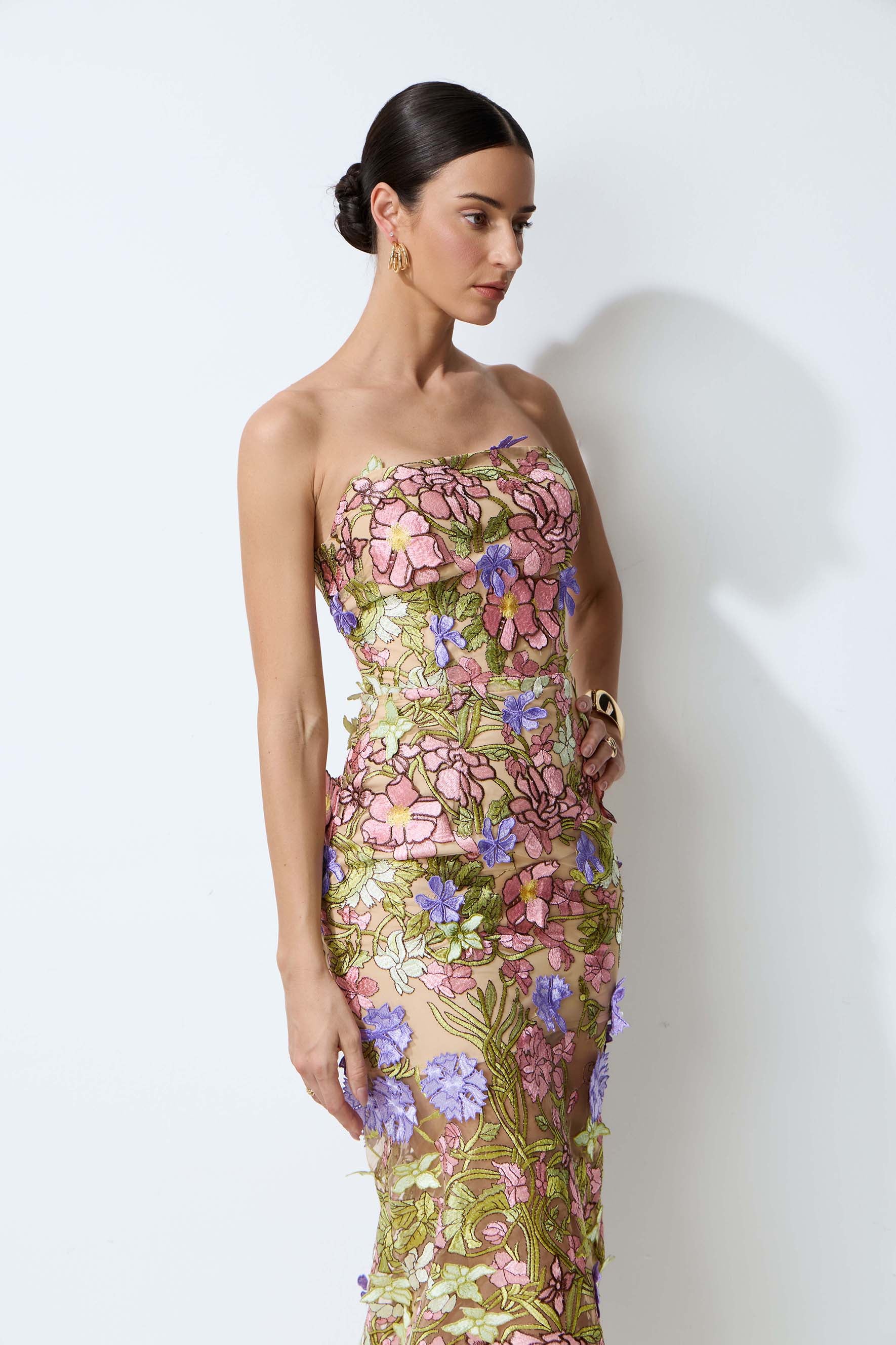 A Blooming Moment Nude Floral Embroidered Strapless Maxi Dress