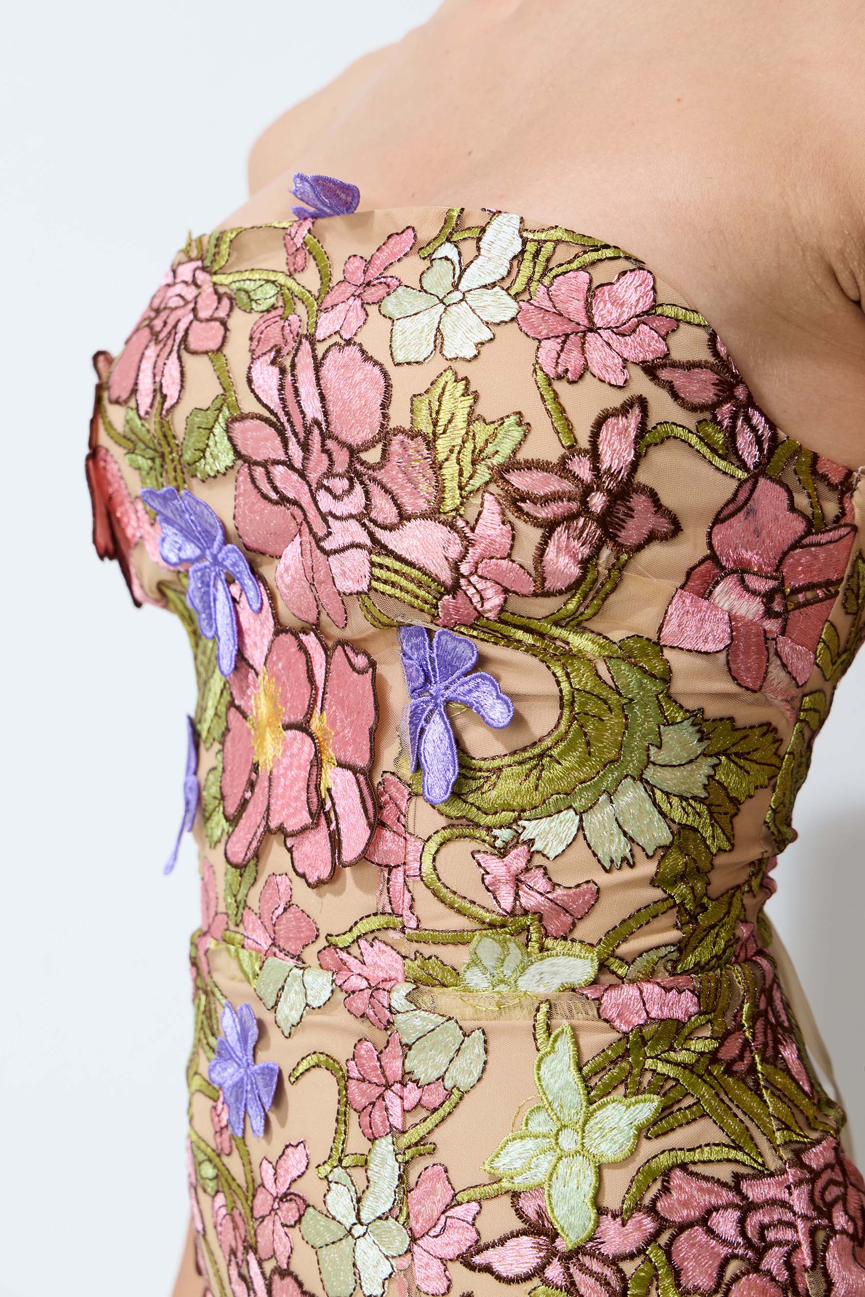 A Blooming Moment Nude Floral Embroidered Strapless Maxi Dress