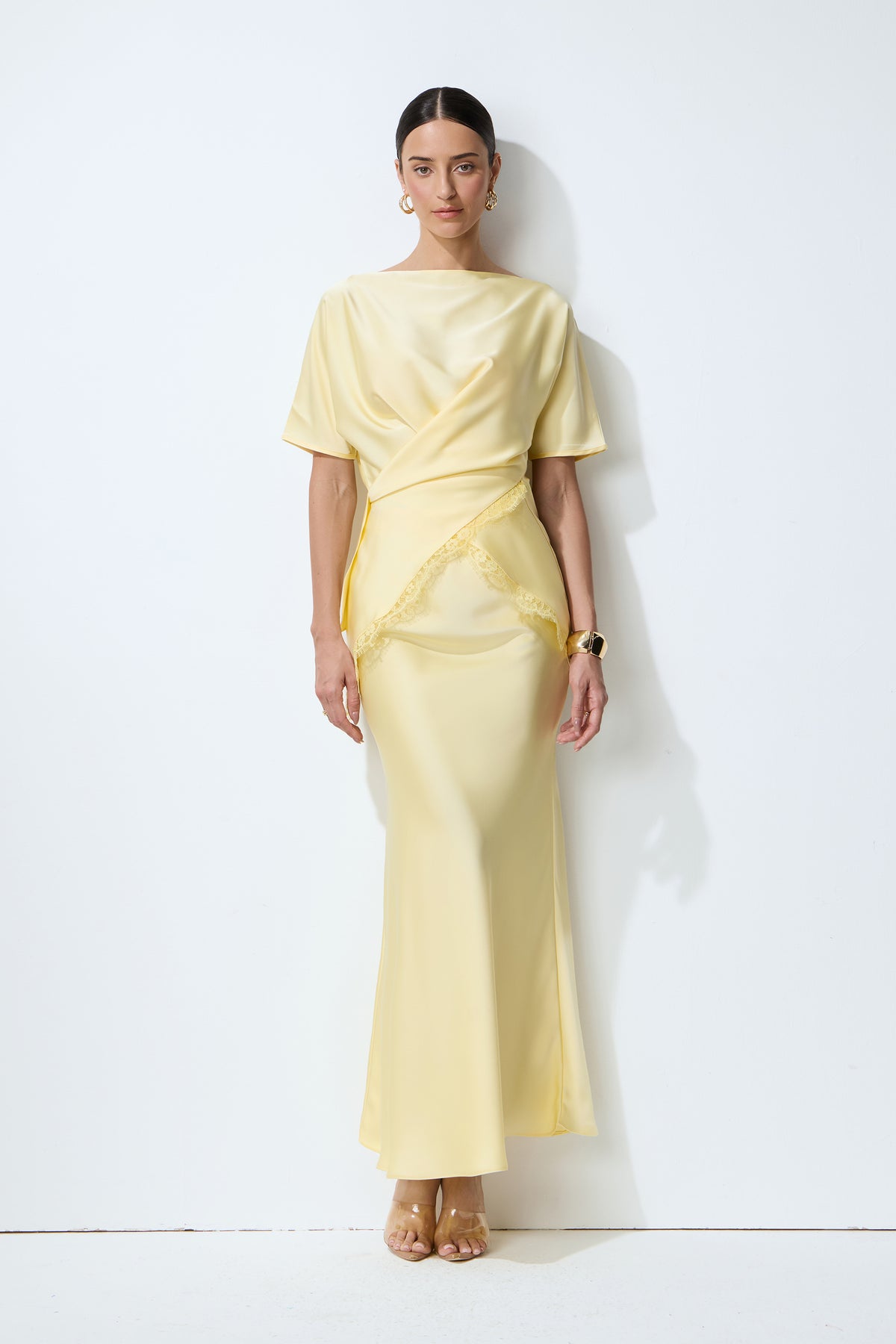 Falling for this Yellow Lace Trim Blouse & Satin Skirt Set