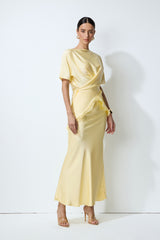 Falling for this Yellow Lace Trim Blouse & Satin Skirt Set