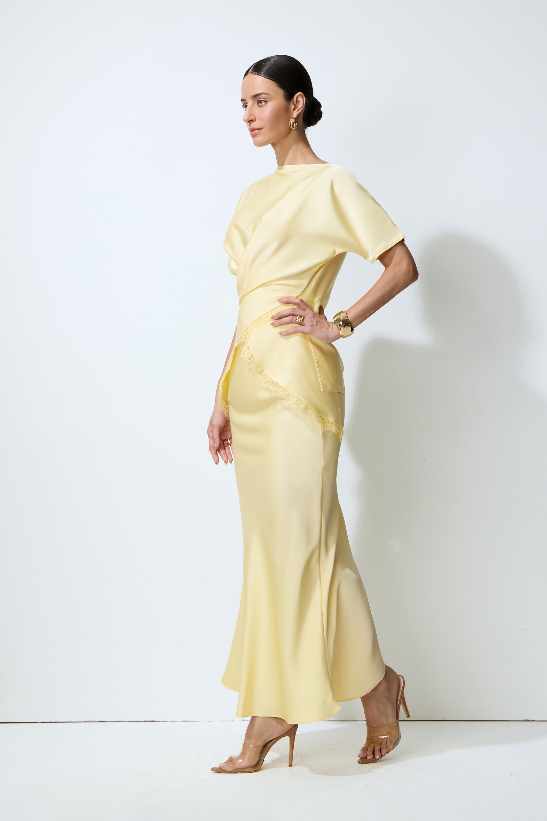Falling for this Yellow Lace Trim Blouse & Satin Skirt Set