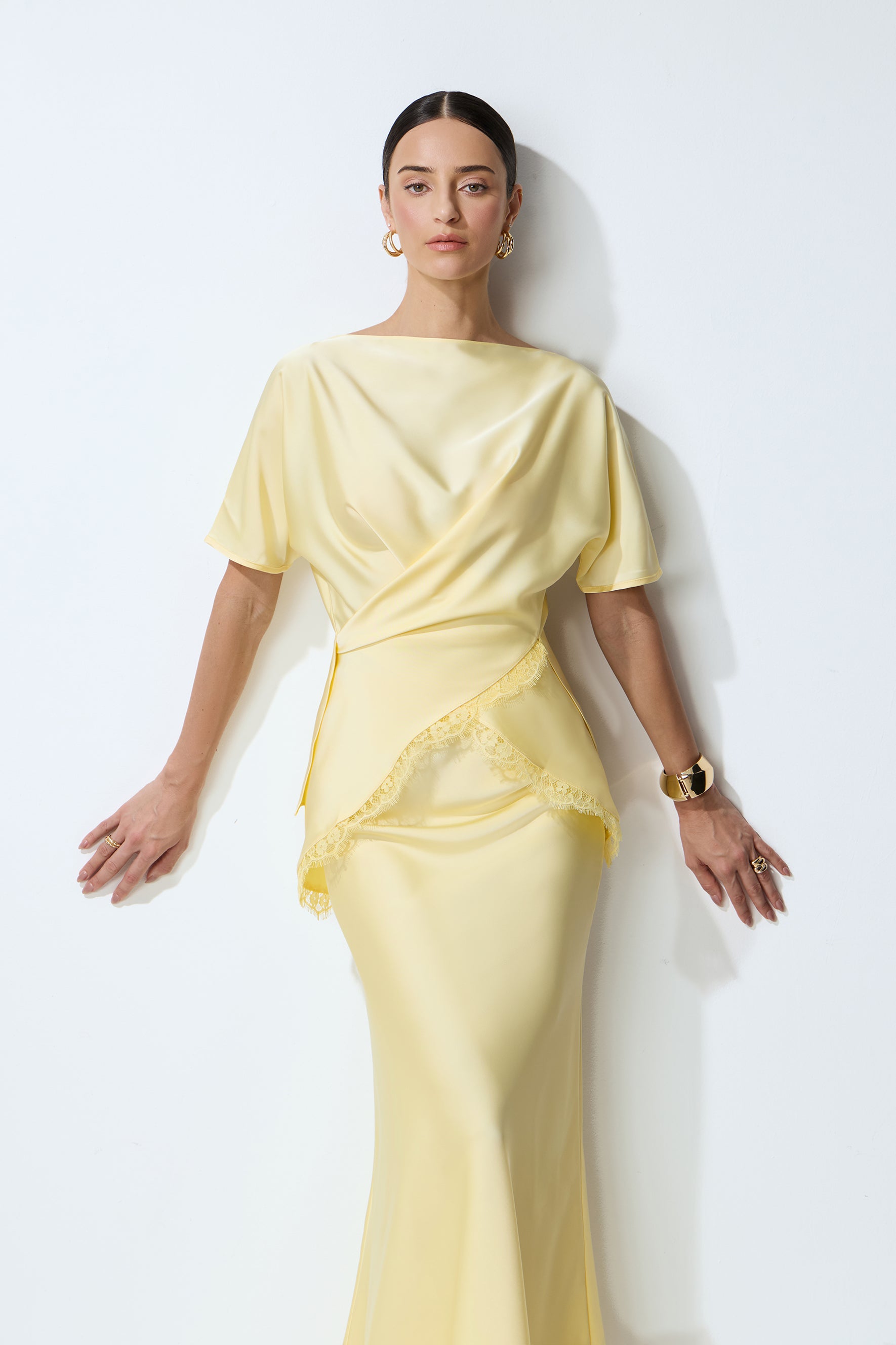 Falling for this Yellow Lace Trim Blouse & Satin Skirt Set