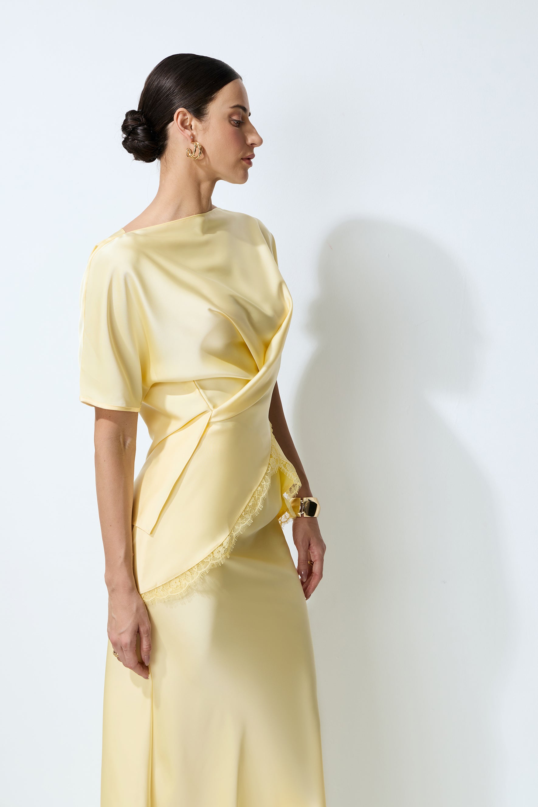 Falling for this Yellow Lace Trim Blouse & Satin Skirt Set