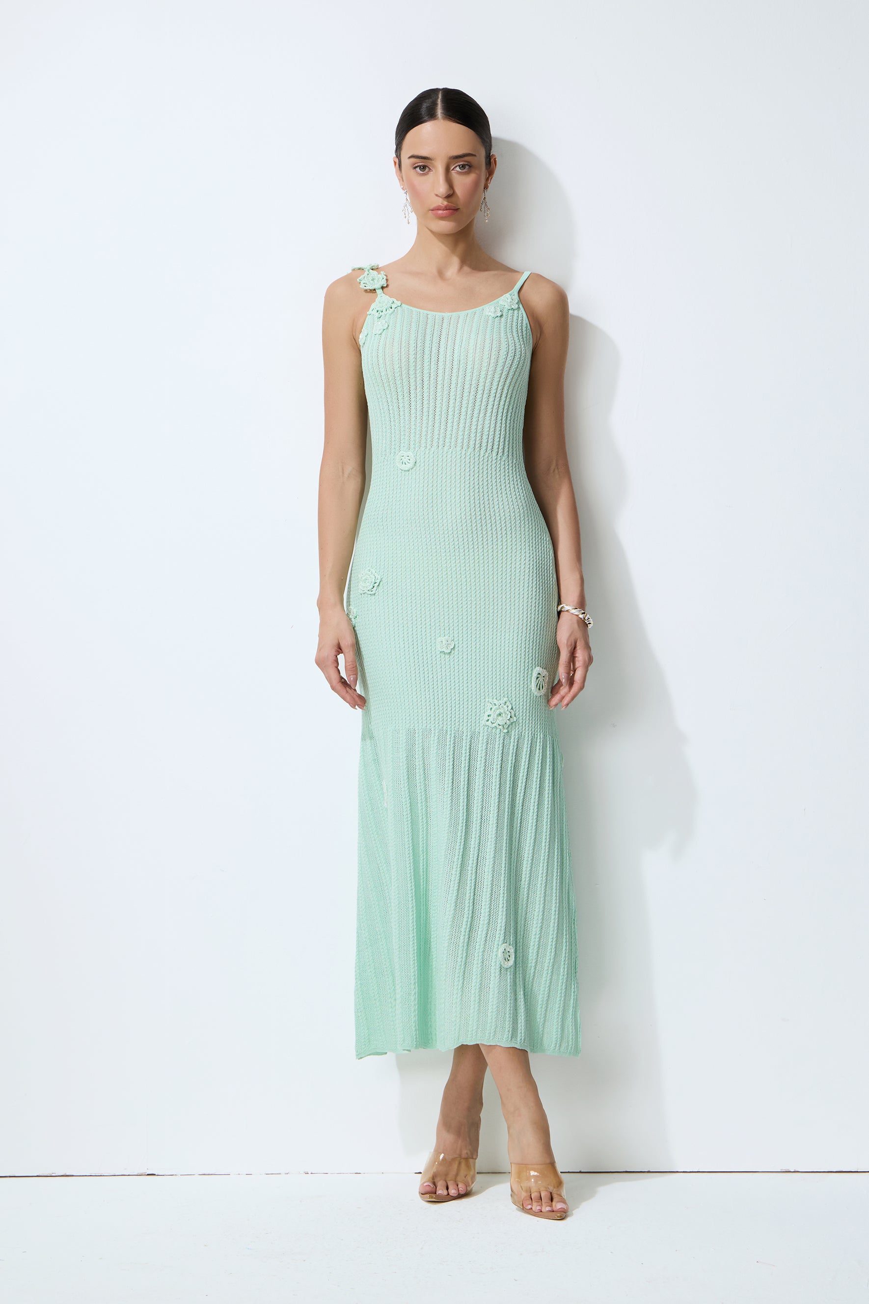 Magic Memory Mint Green Floral Applique Knit Cardigan & Slip Dress Set