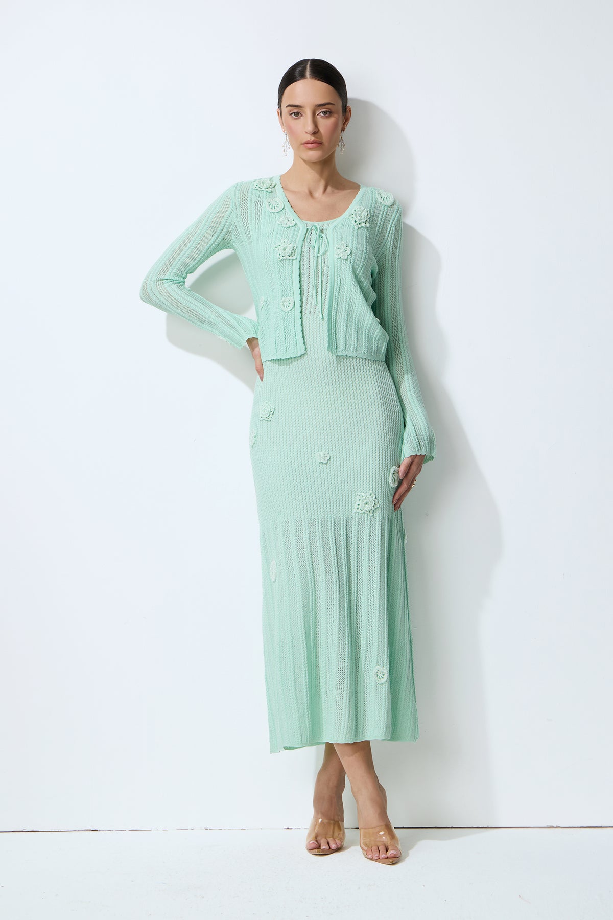 Magic Memory Mint Green Floral Applique Knit Cardigan & Slip Dress Set
