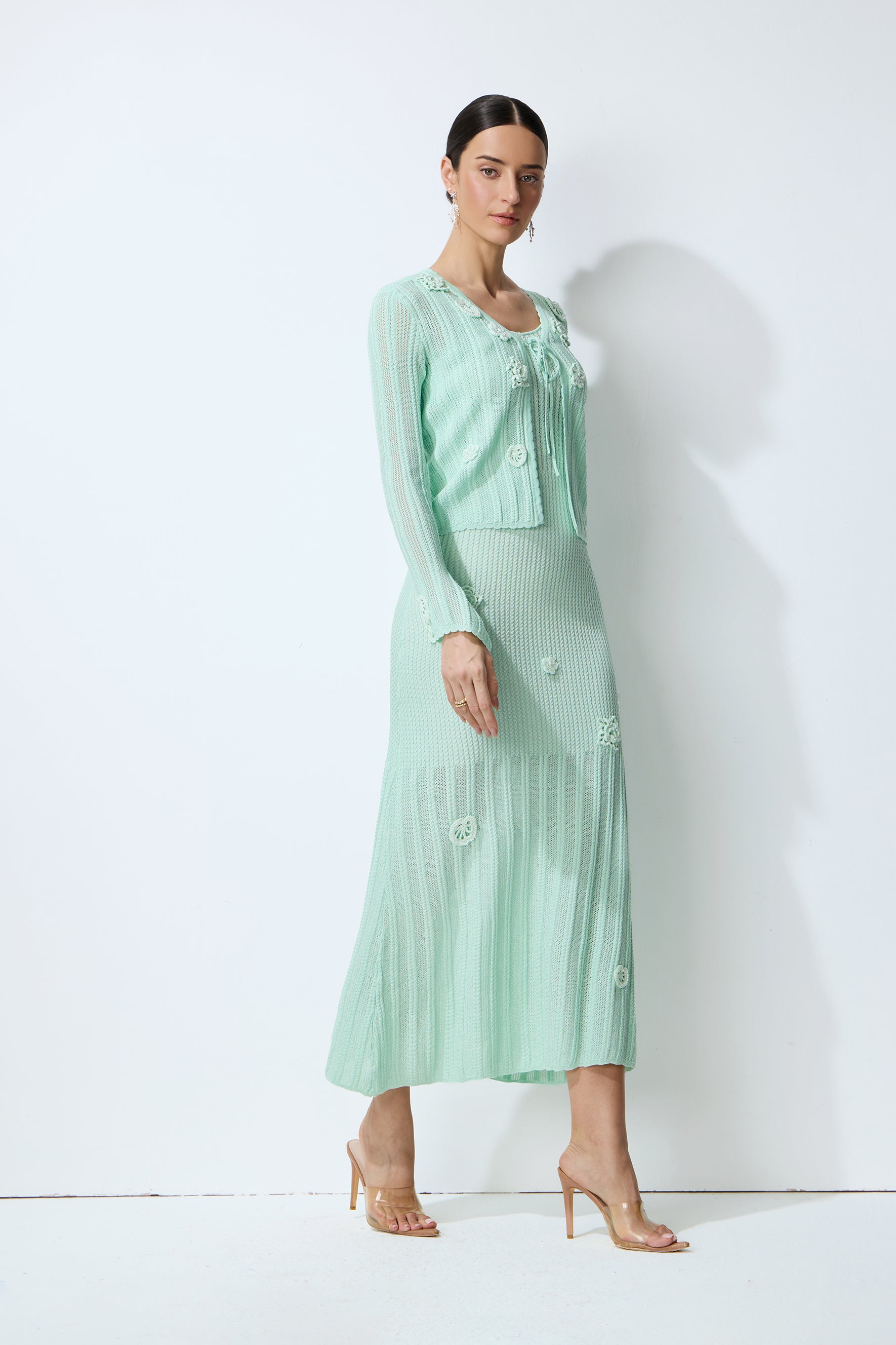 Magic Memory Mint Green Floral Applique Knit Cardigan & Slip Dress Set
