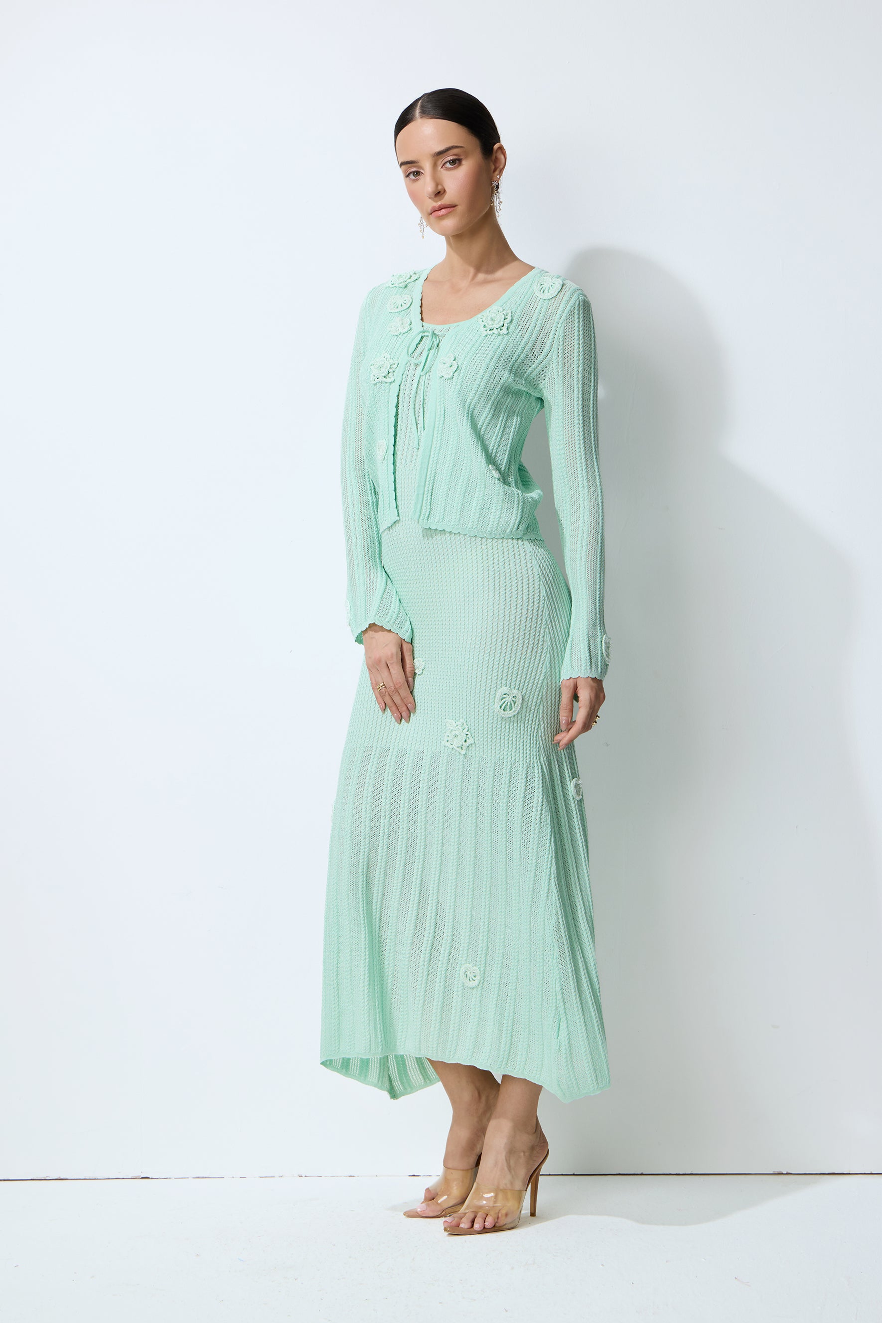 Magic Memory Mint Green Floral Applique Knit Cardigan & Slip Dress Set