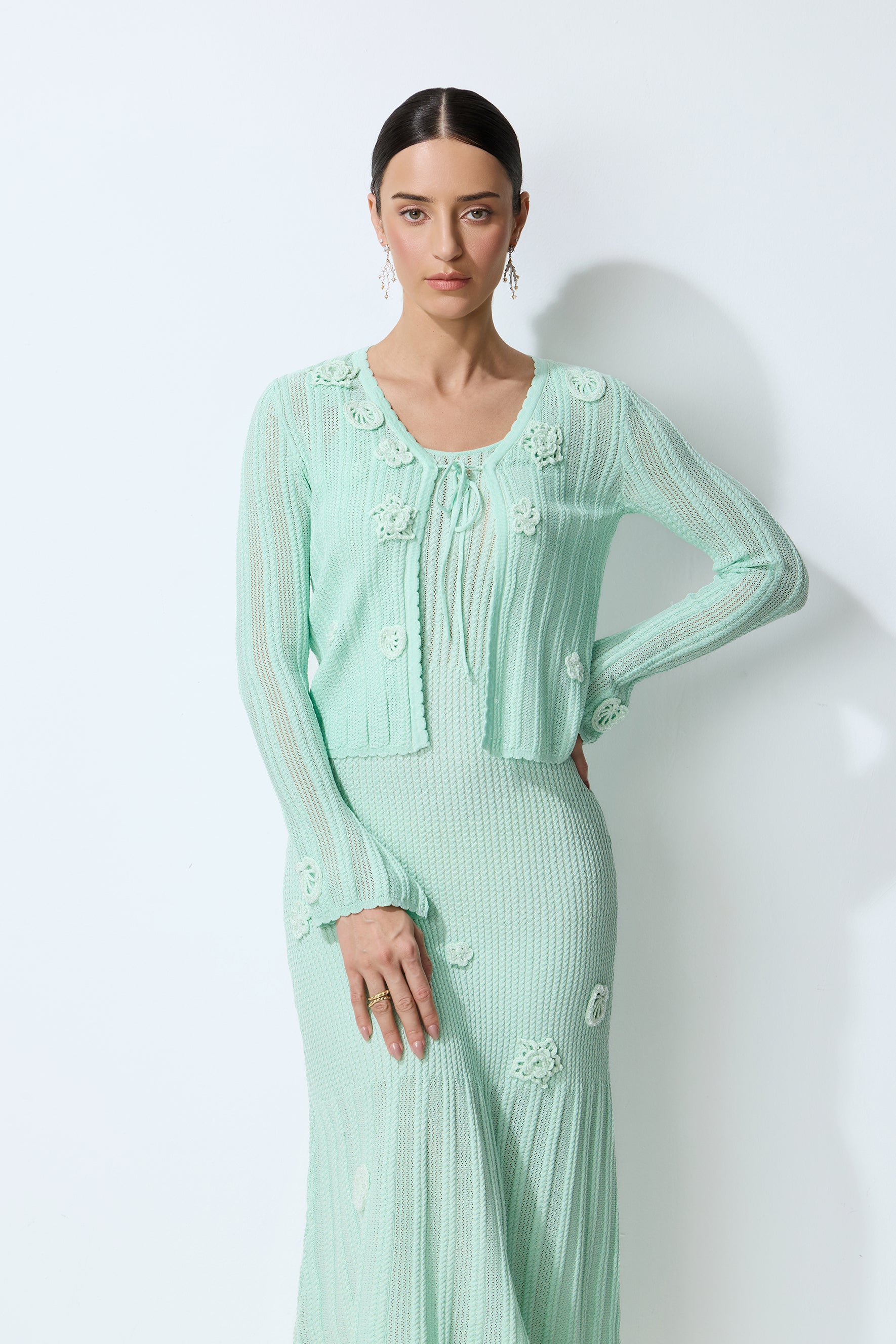 Magic Memory Mint Green Floral Applique Knit Cardigan & Slip Dress Set