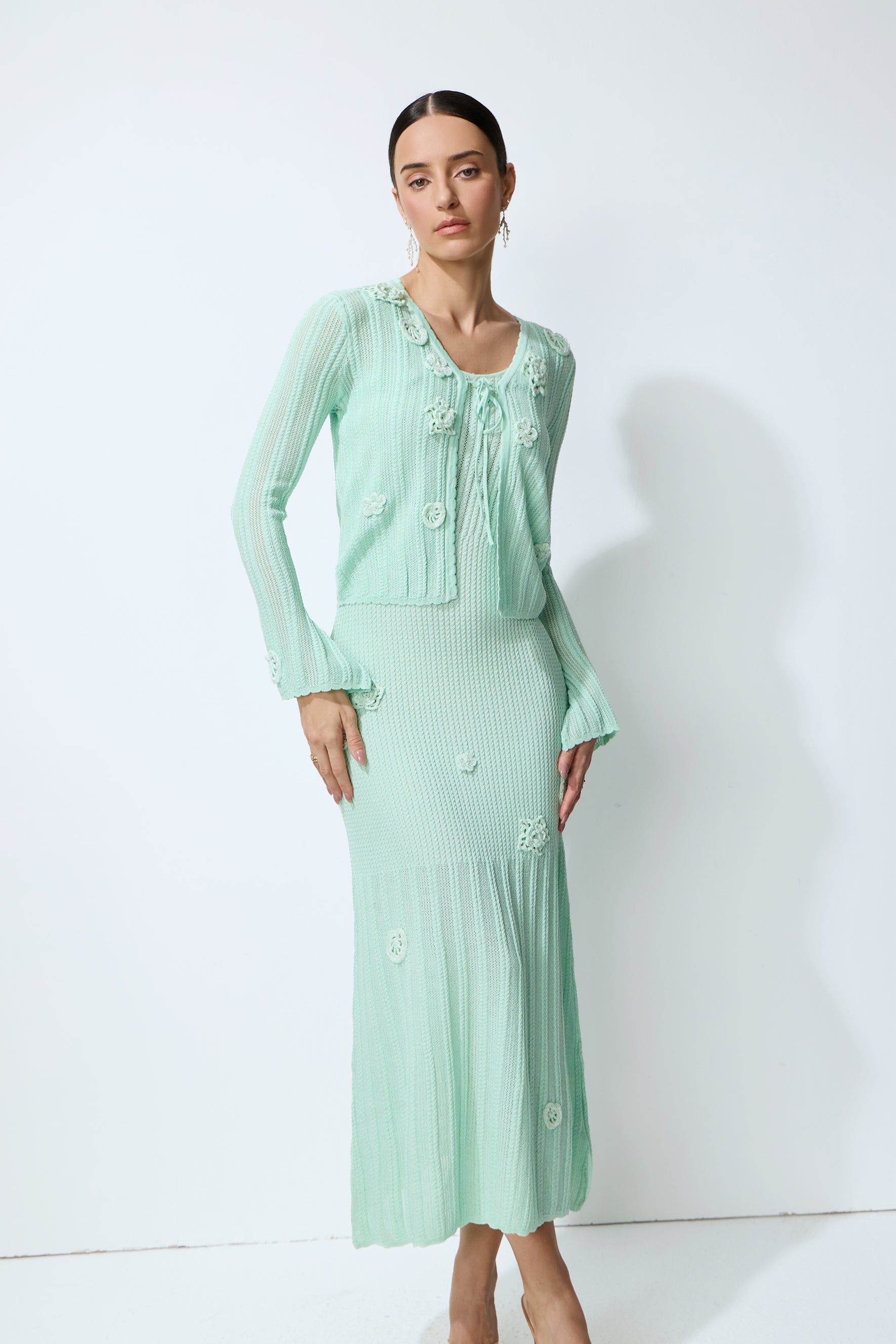 Magic Memory Mint Green Floral Applique Knit Cardigan & Slip Dress Set