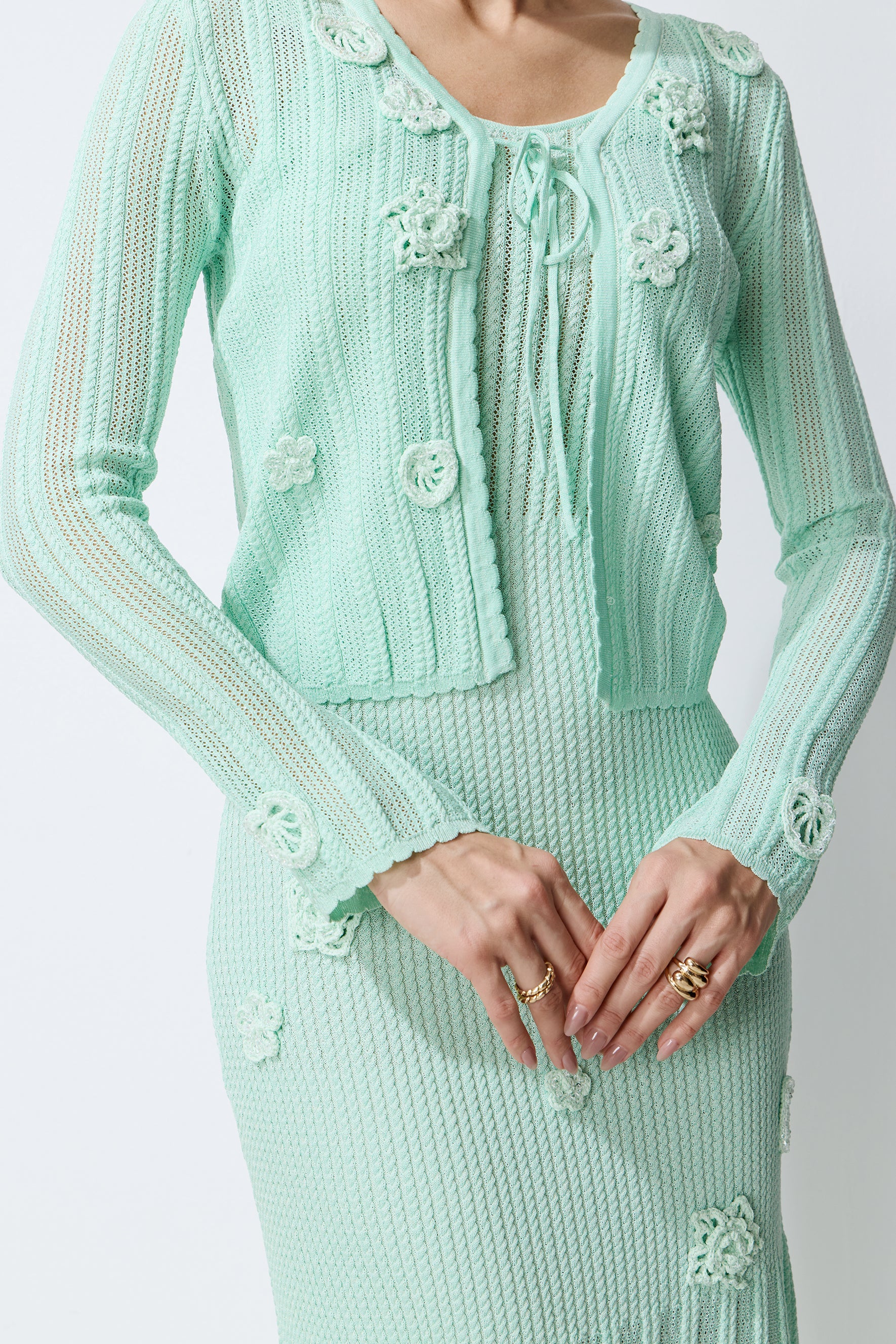 Magic Memory Mint Green Floral Applique Knit Cardigan & Slip Dress Set