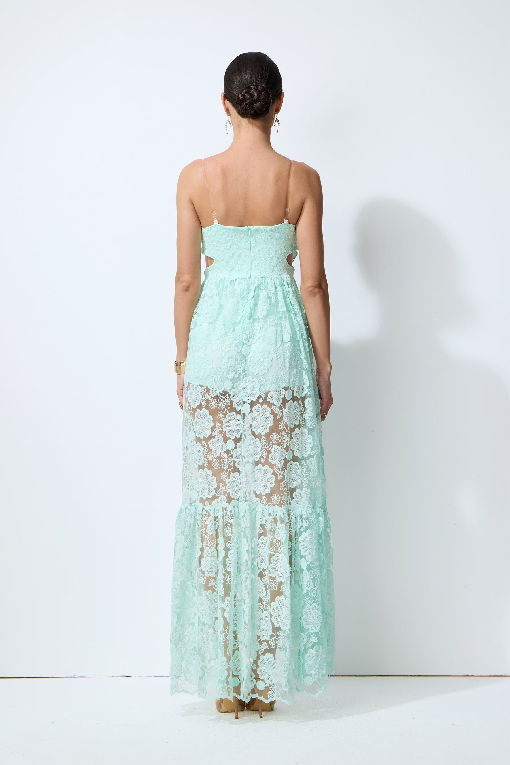 Spring Whisper Mint Flower Applique Lace Maxi Dress