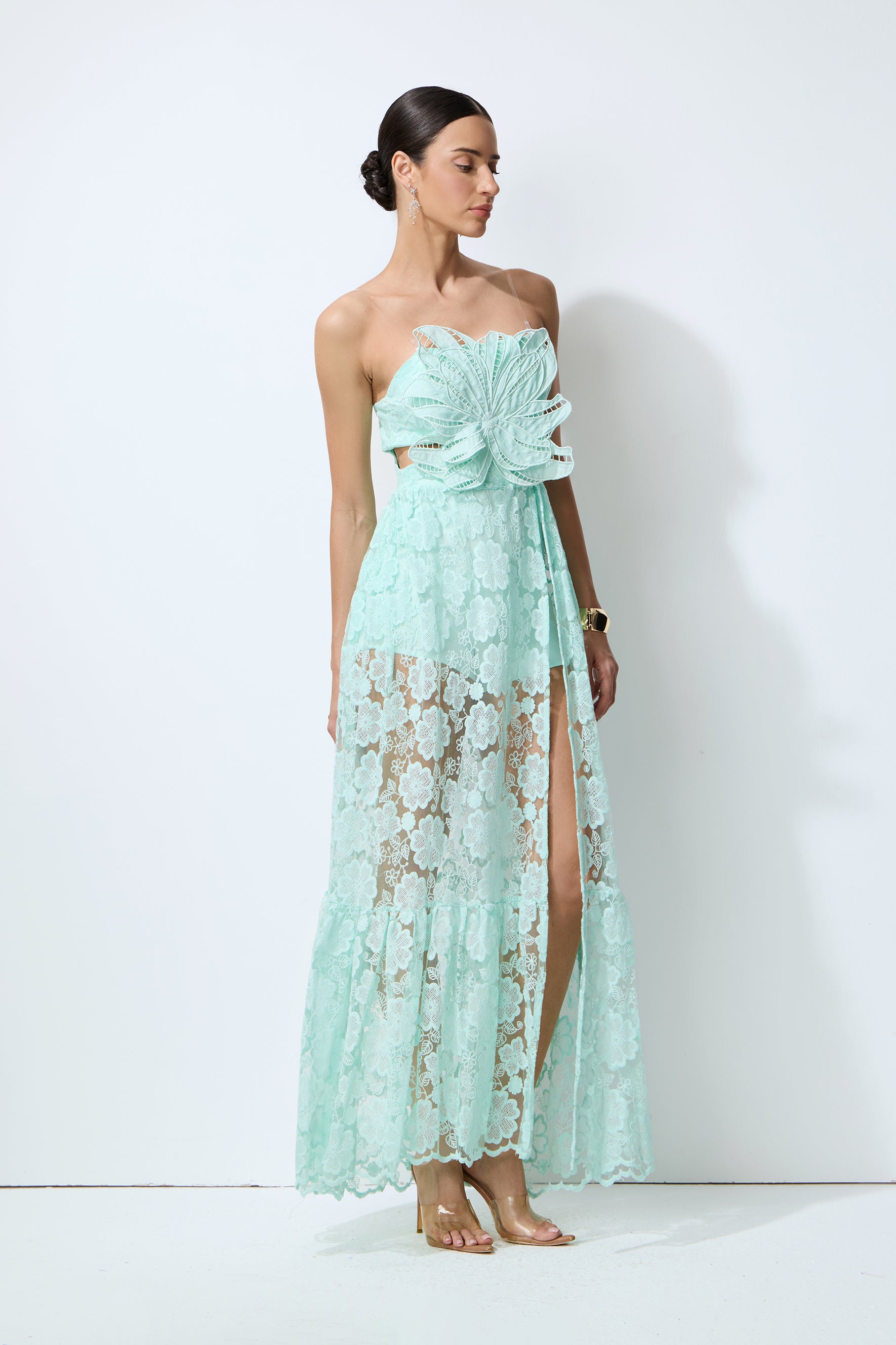 Spring Whisper Mint Flower Applique Lace Maxi Dress