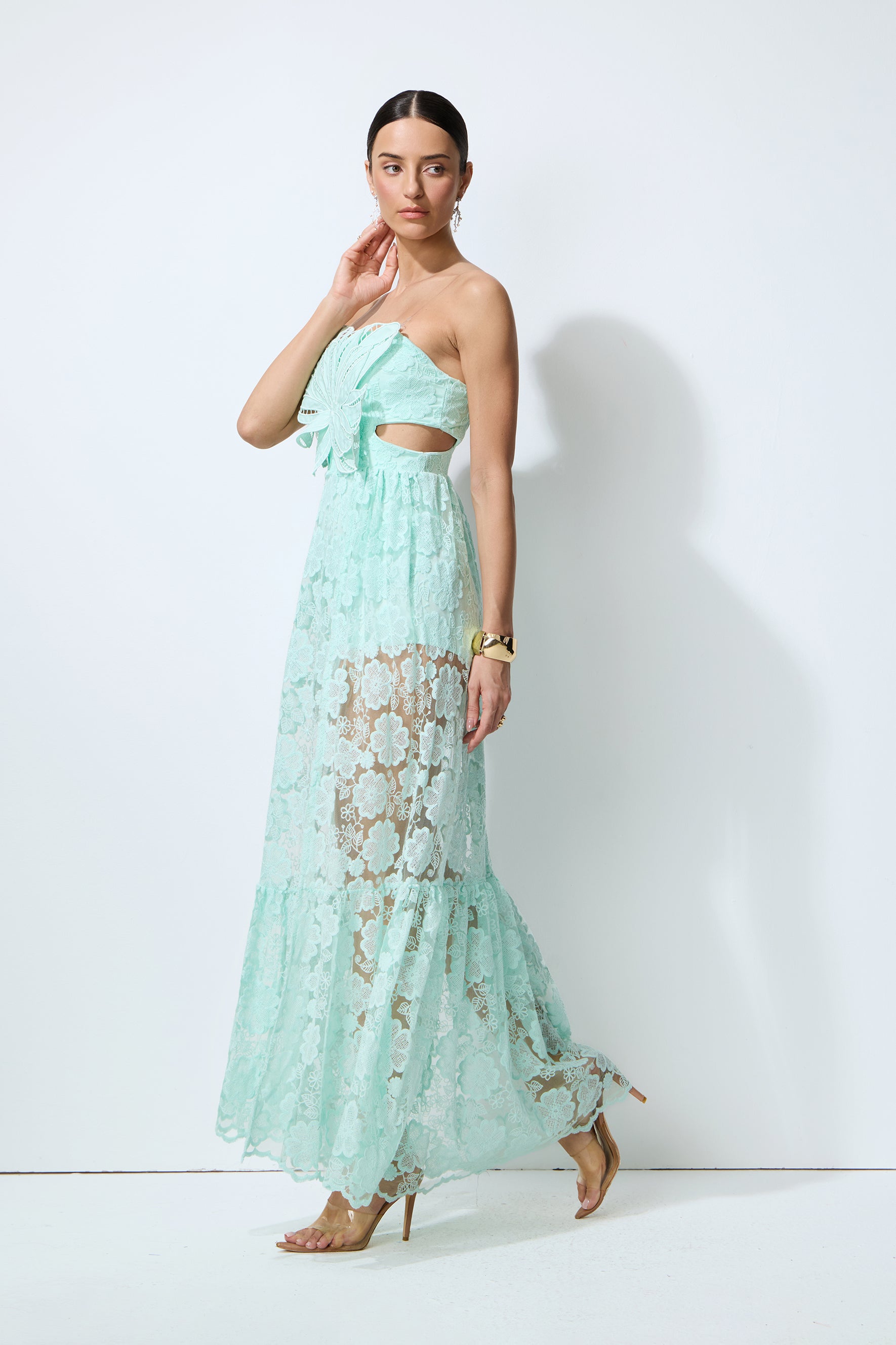 Spring Whisper Mint Flower Applique Lace Maxi Dress