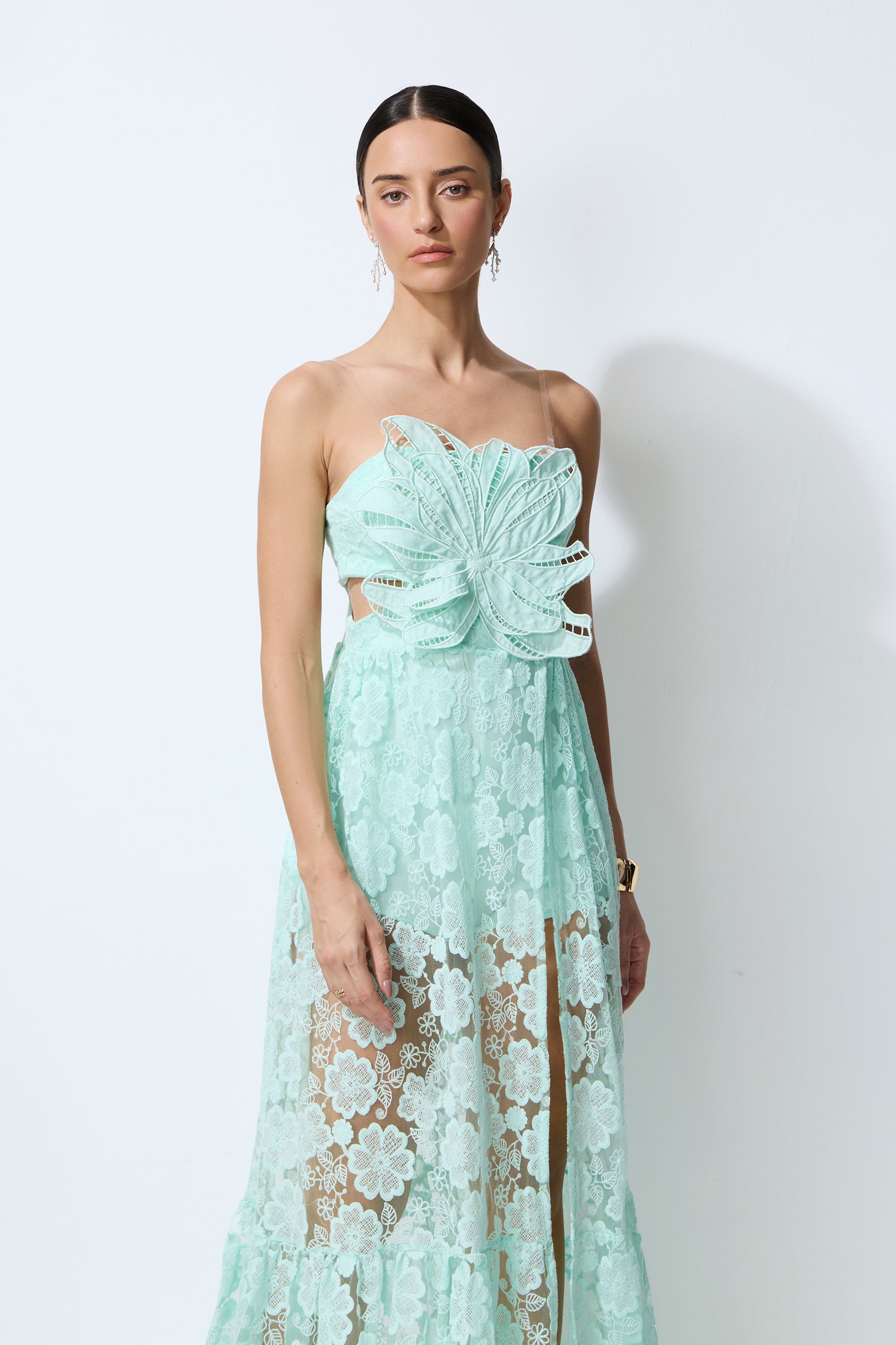 Spring Whisper Mint Flower Applique Lace Maxi Dress