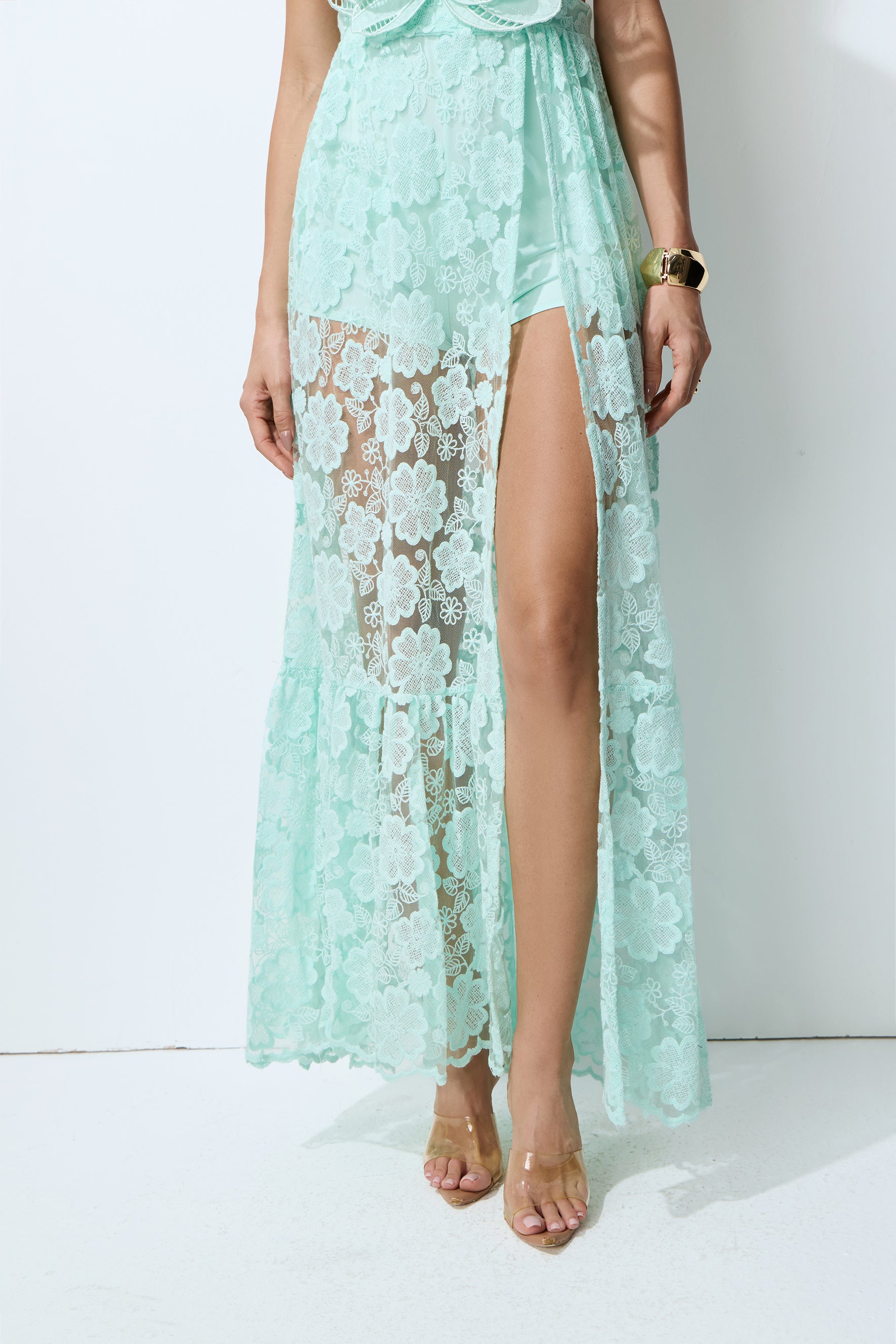 Spring Whisper Mint Flower Applique Lace Maxi Dress