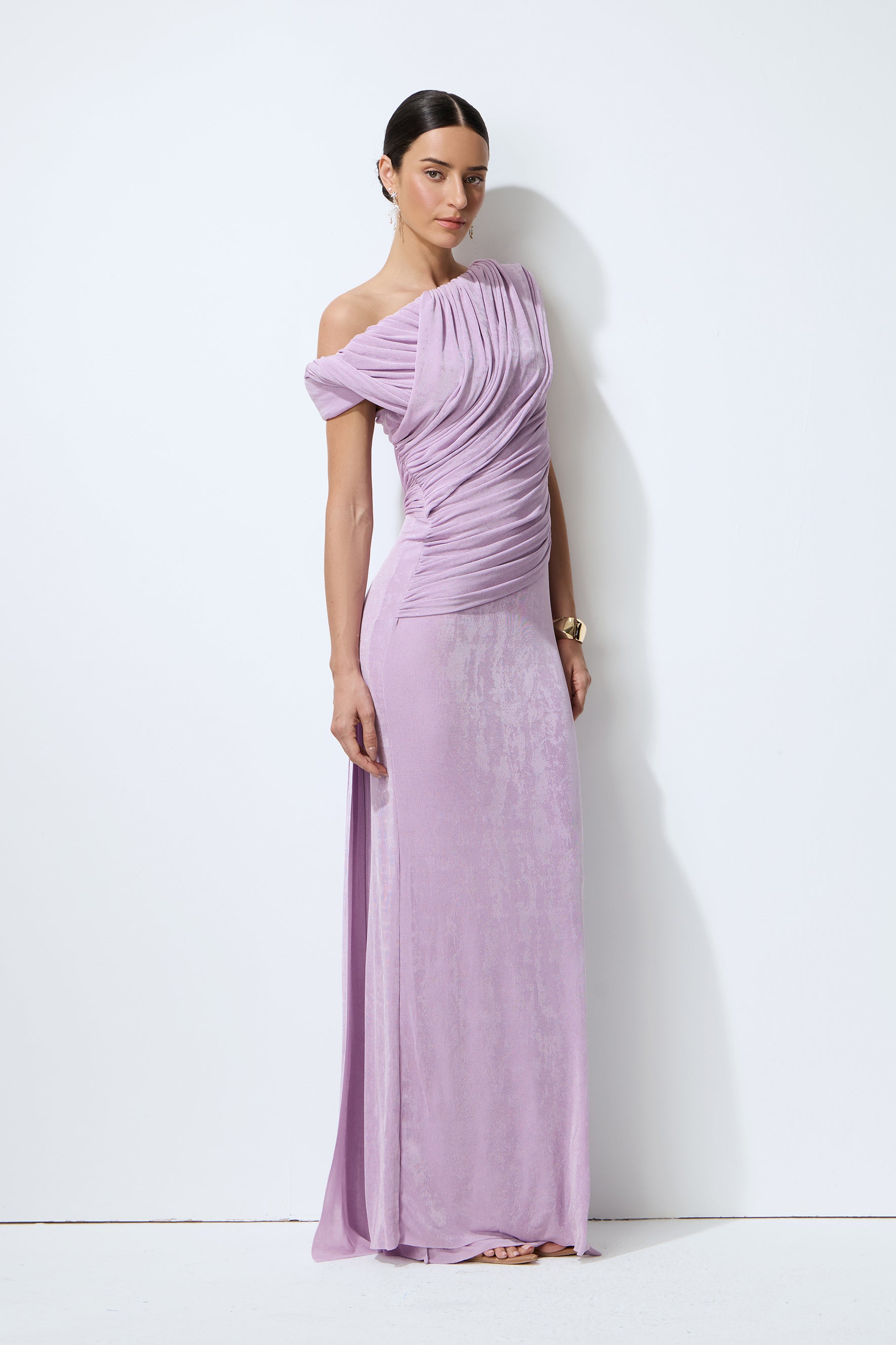 Lavender Nights Purple One Shoulder Ruched Maxi Dress
