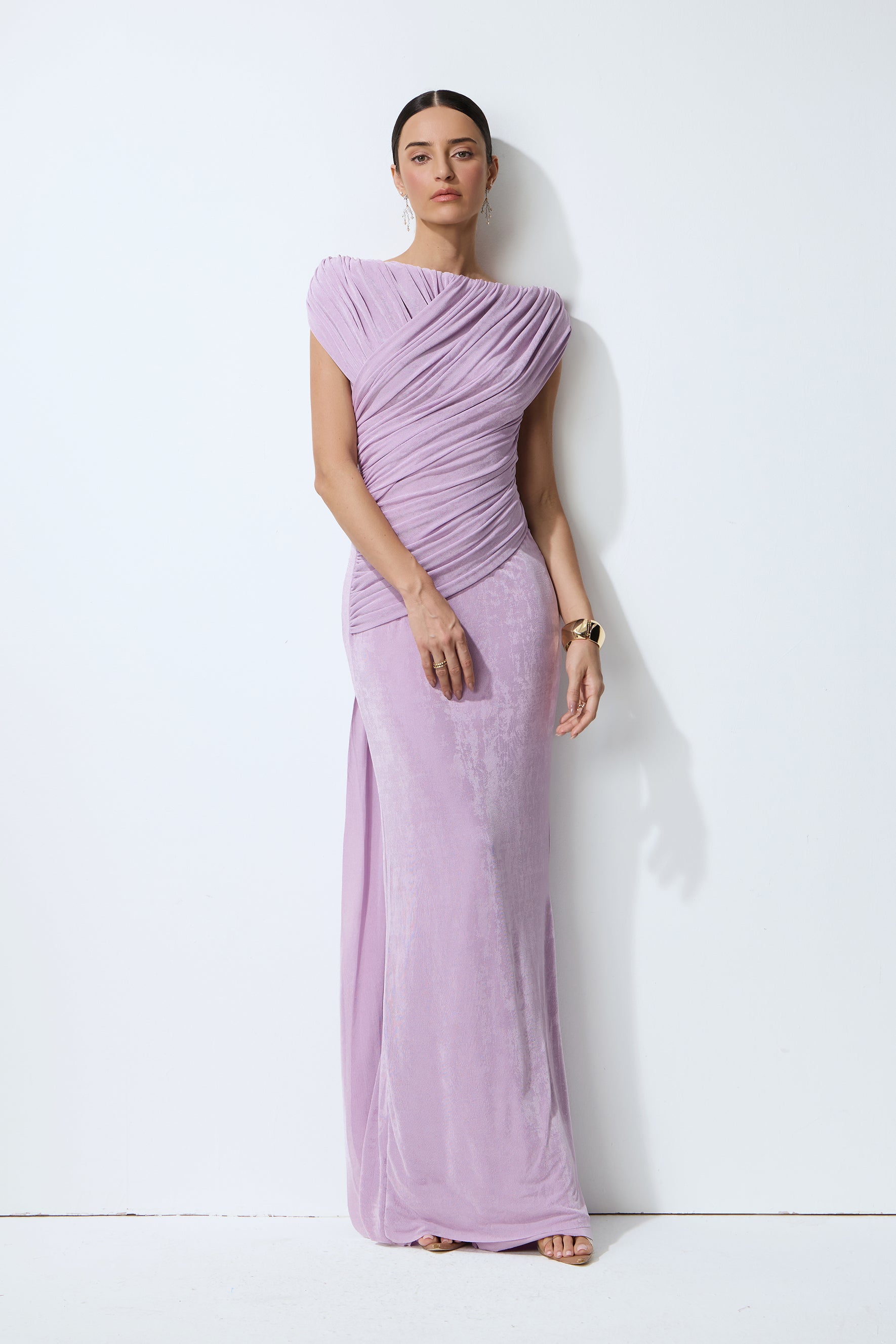 Lavender Nights Purple One Shoulder Ruched Maxi Dress