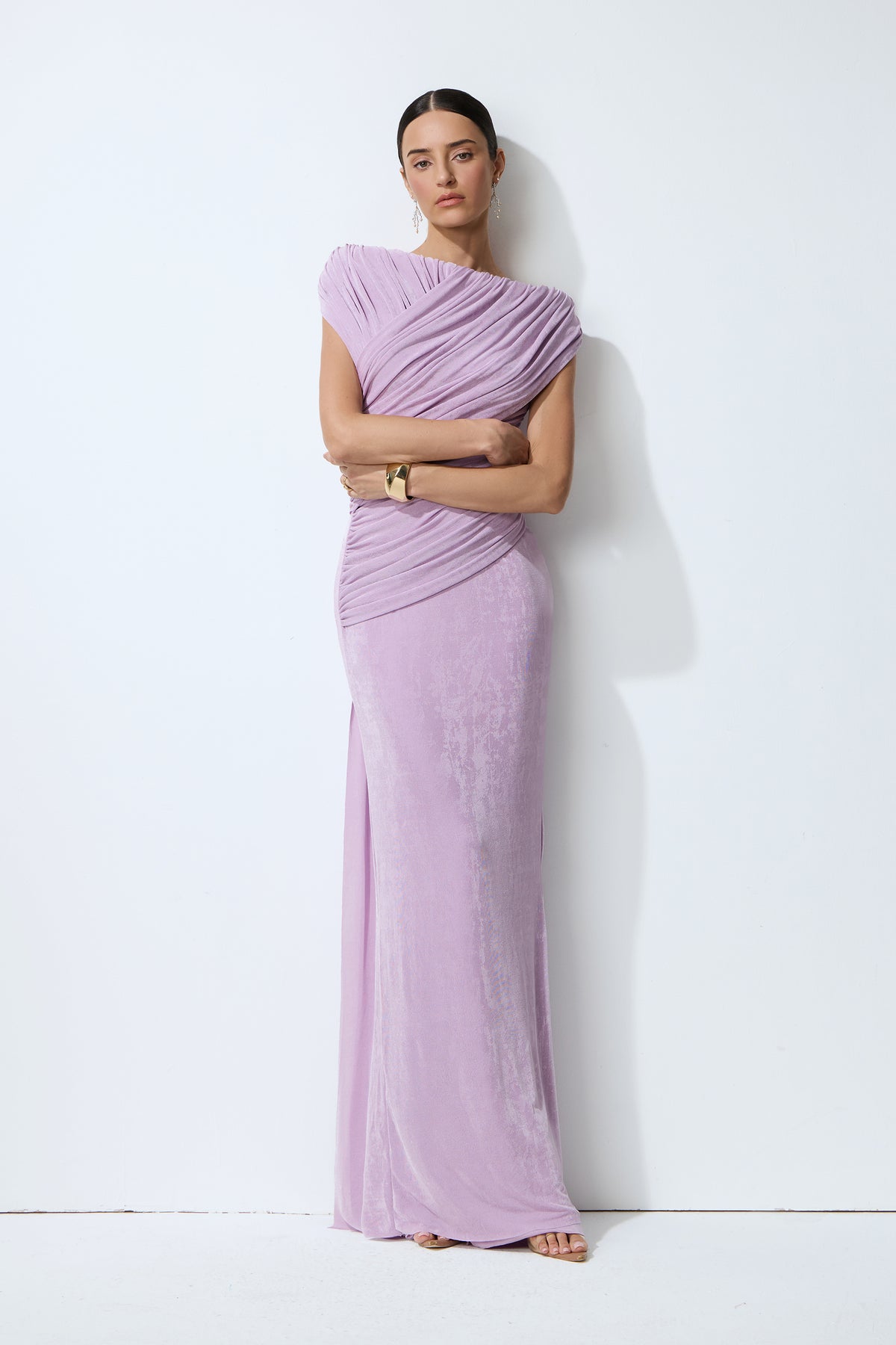 Lavender Nights Purple One Shoulder Ruched Maxi Dress