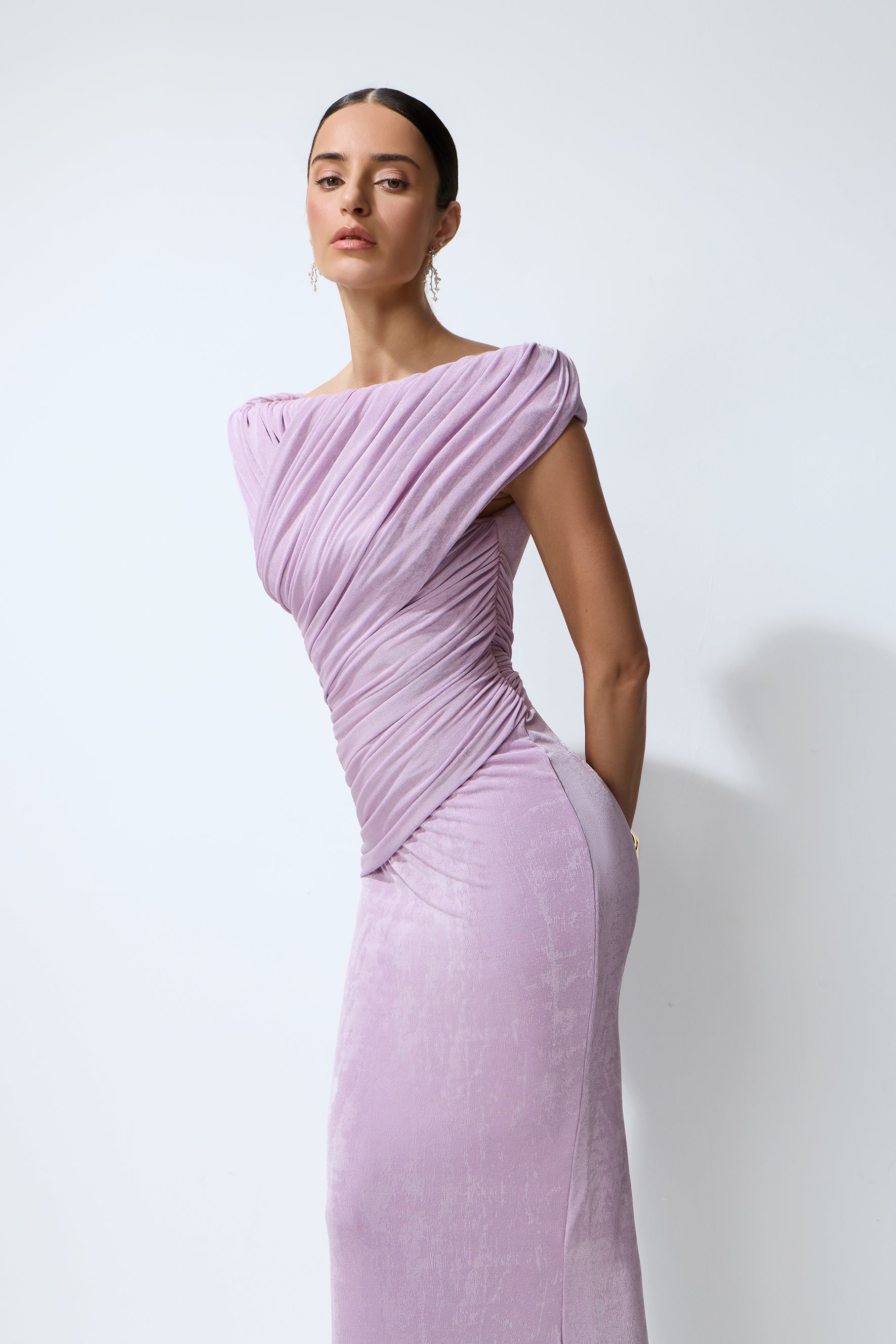 Lavender Nights Purple One Shoulder Ruched Maxi Dress