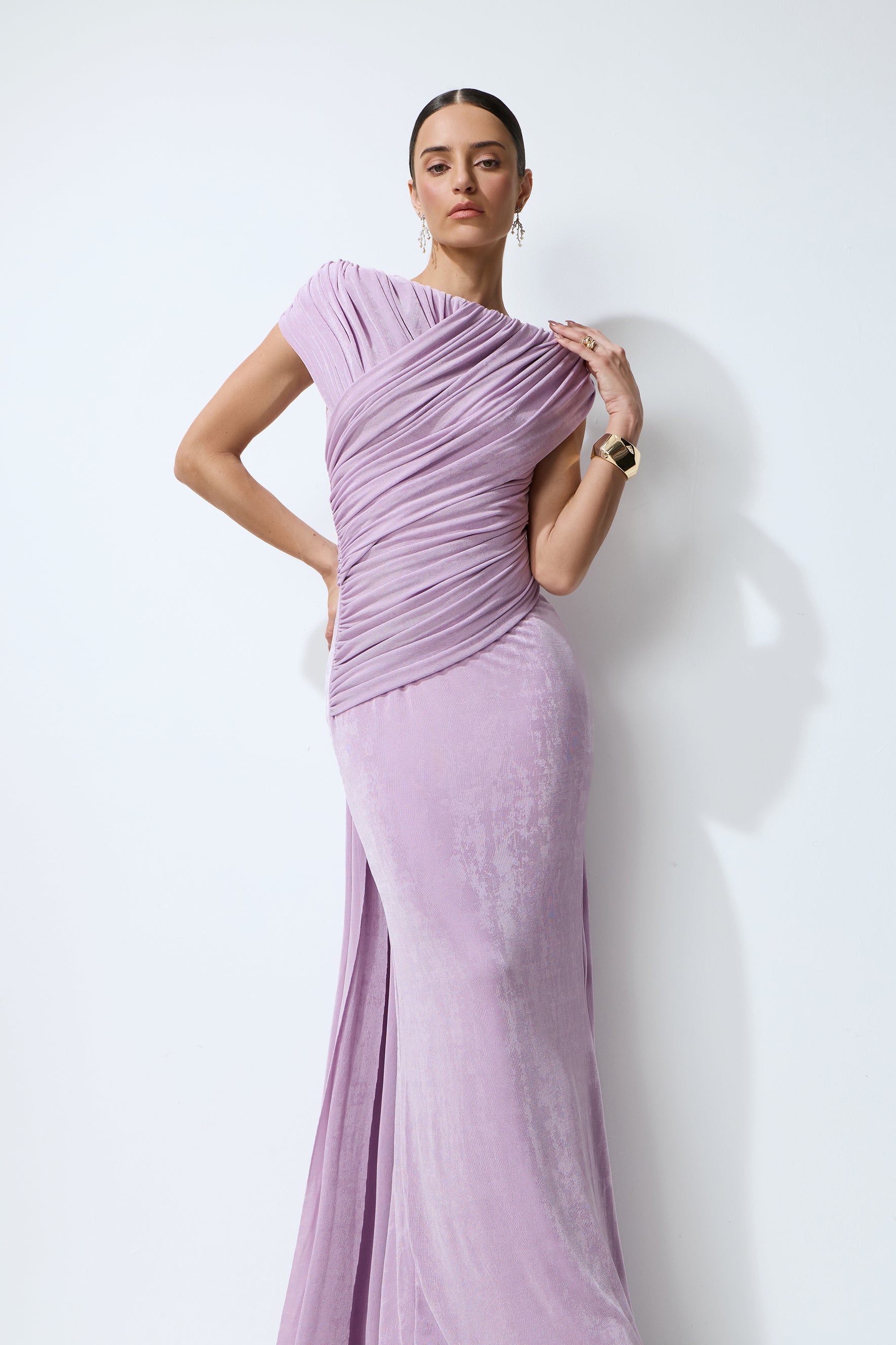 Lavender Nights Purple One Shoulder Ruched Maxi Dress