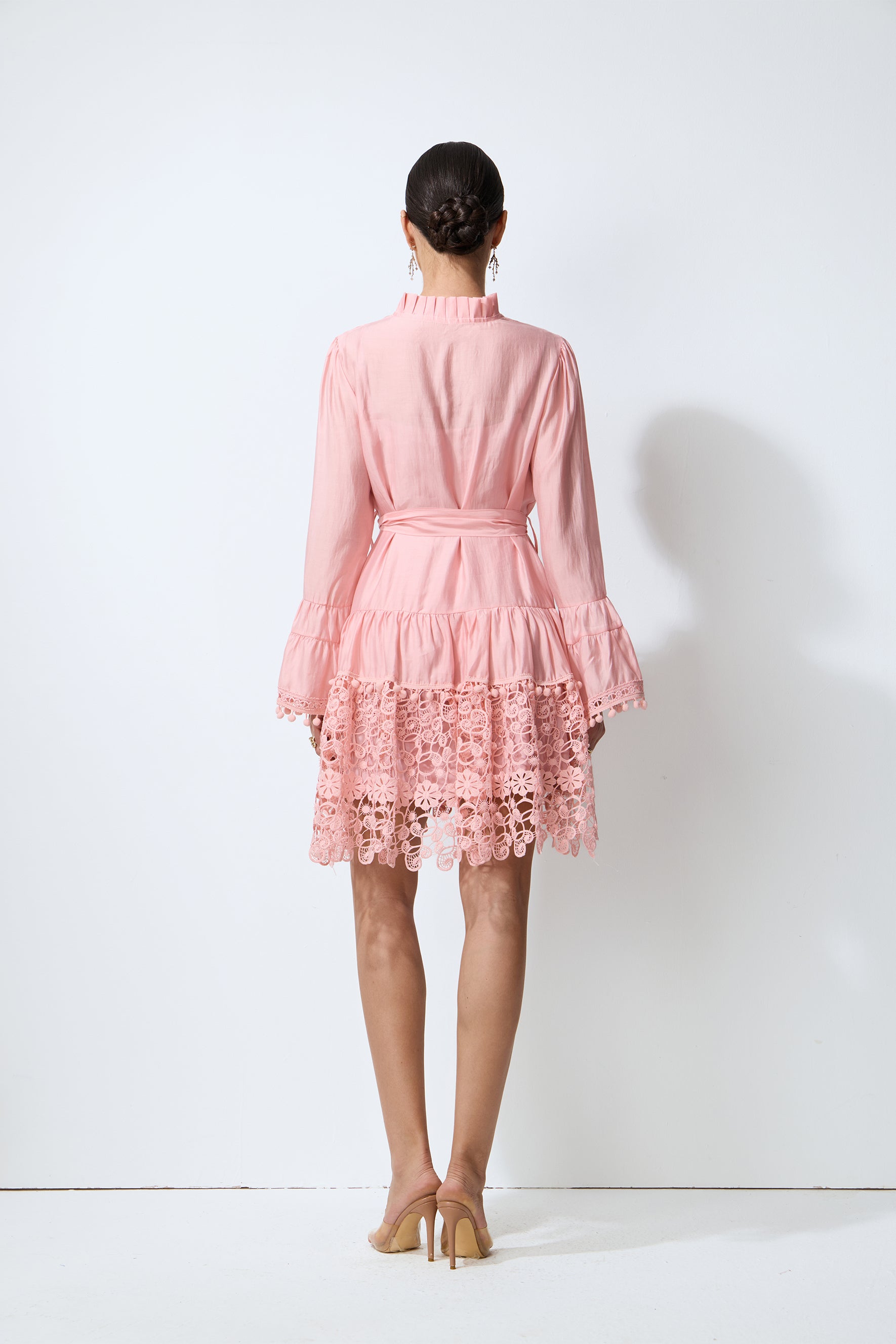 Lovely Charm Pink Long Sleeve Tiered Lace Mini Dress