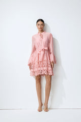 Lovely Charm Pink Long Sleeve Tiered Lace Mini Dress
