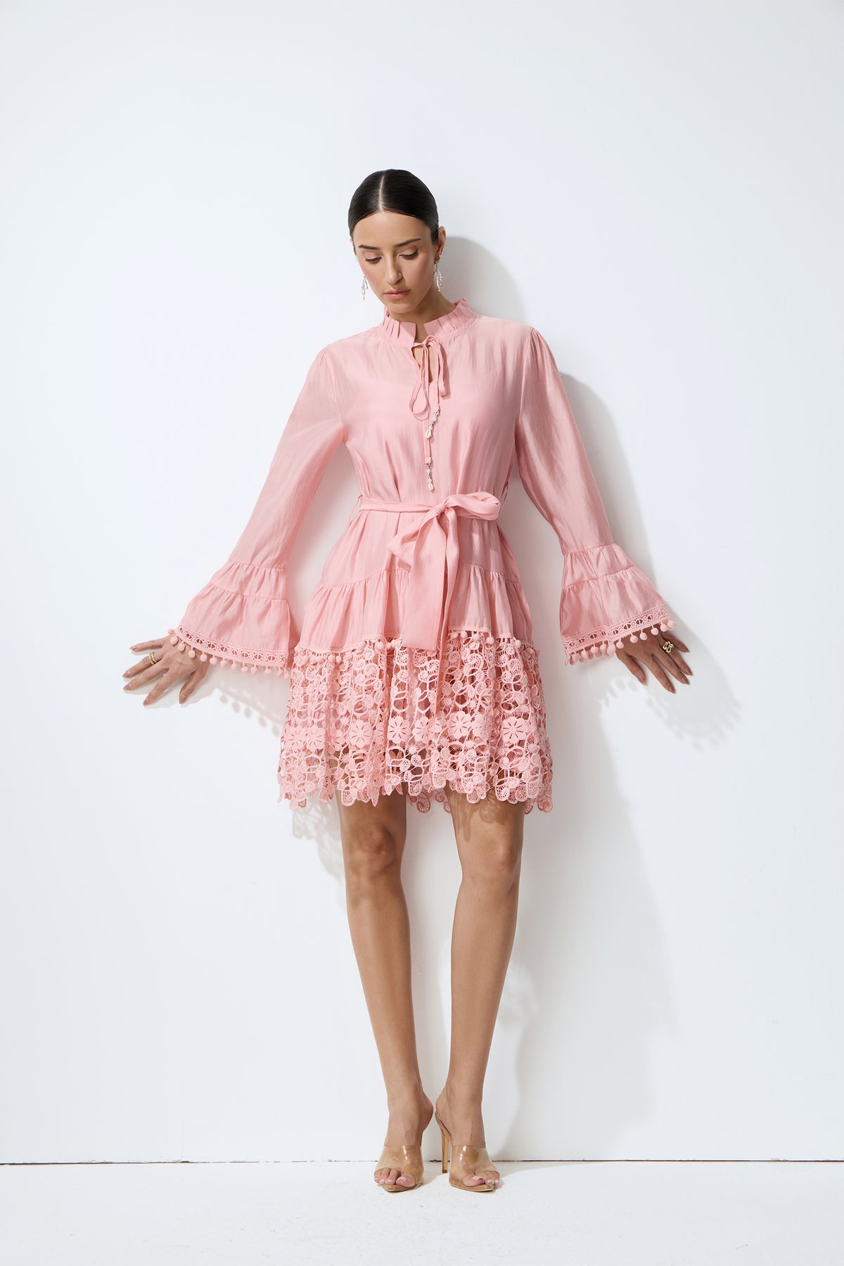 Lovely Charm Pink Long Sleeve Tiered Lace Mini Dress