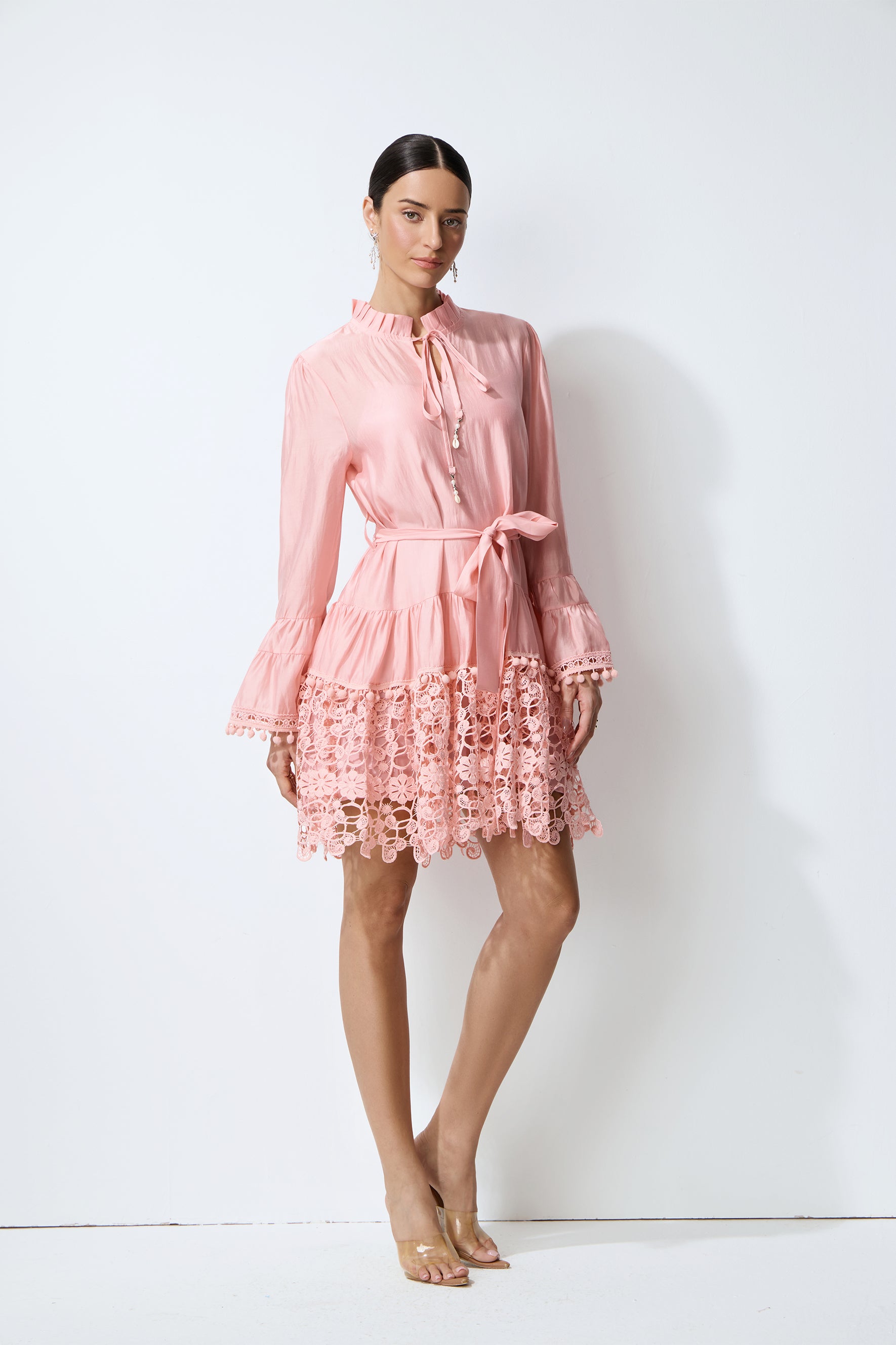 Lovely Charm Pink Long Sleeve Tiered Lace Mini Dress