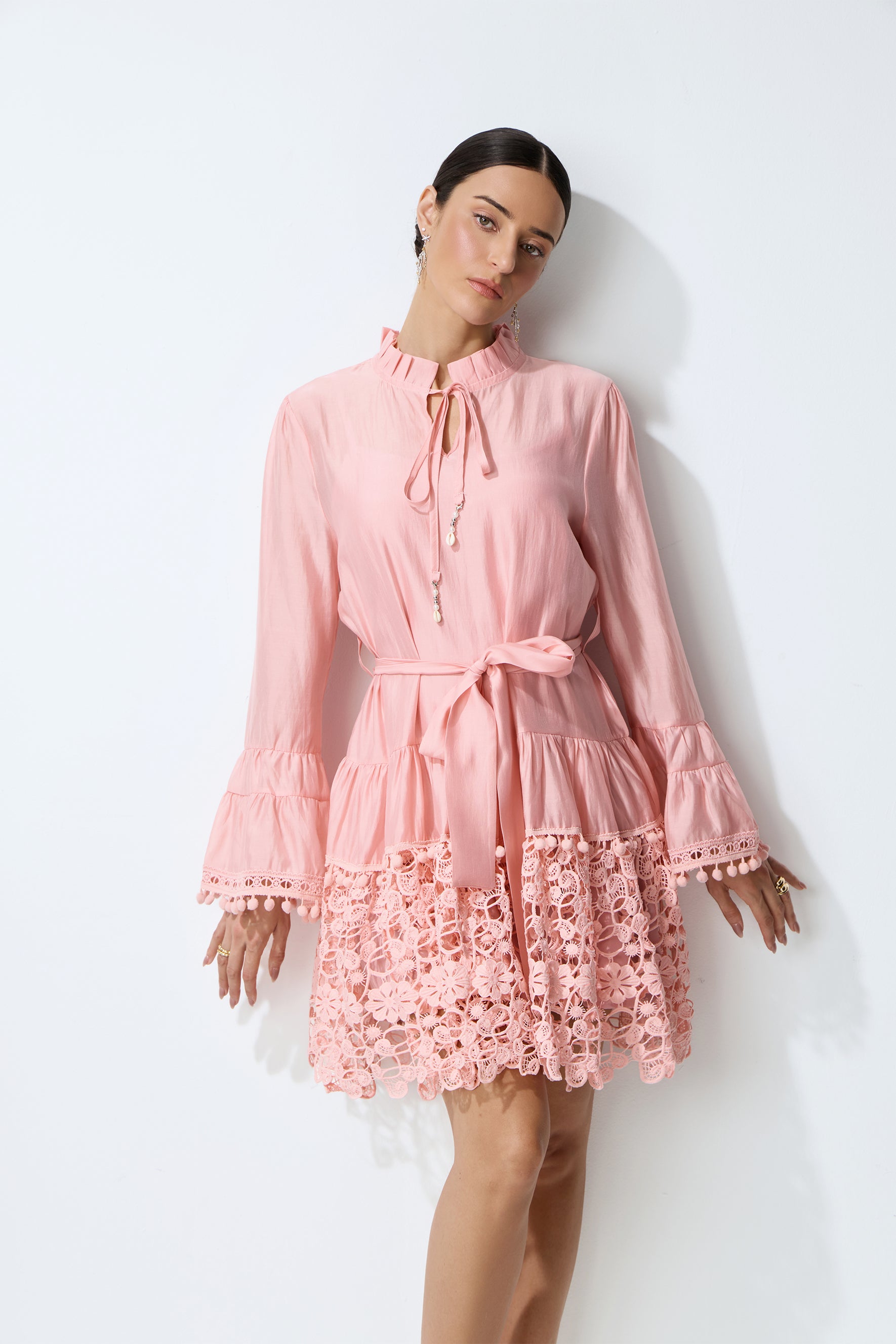 Lovely Charm Pink Long Sleeve Tiered Lace Mini Dress