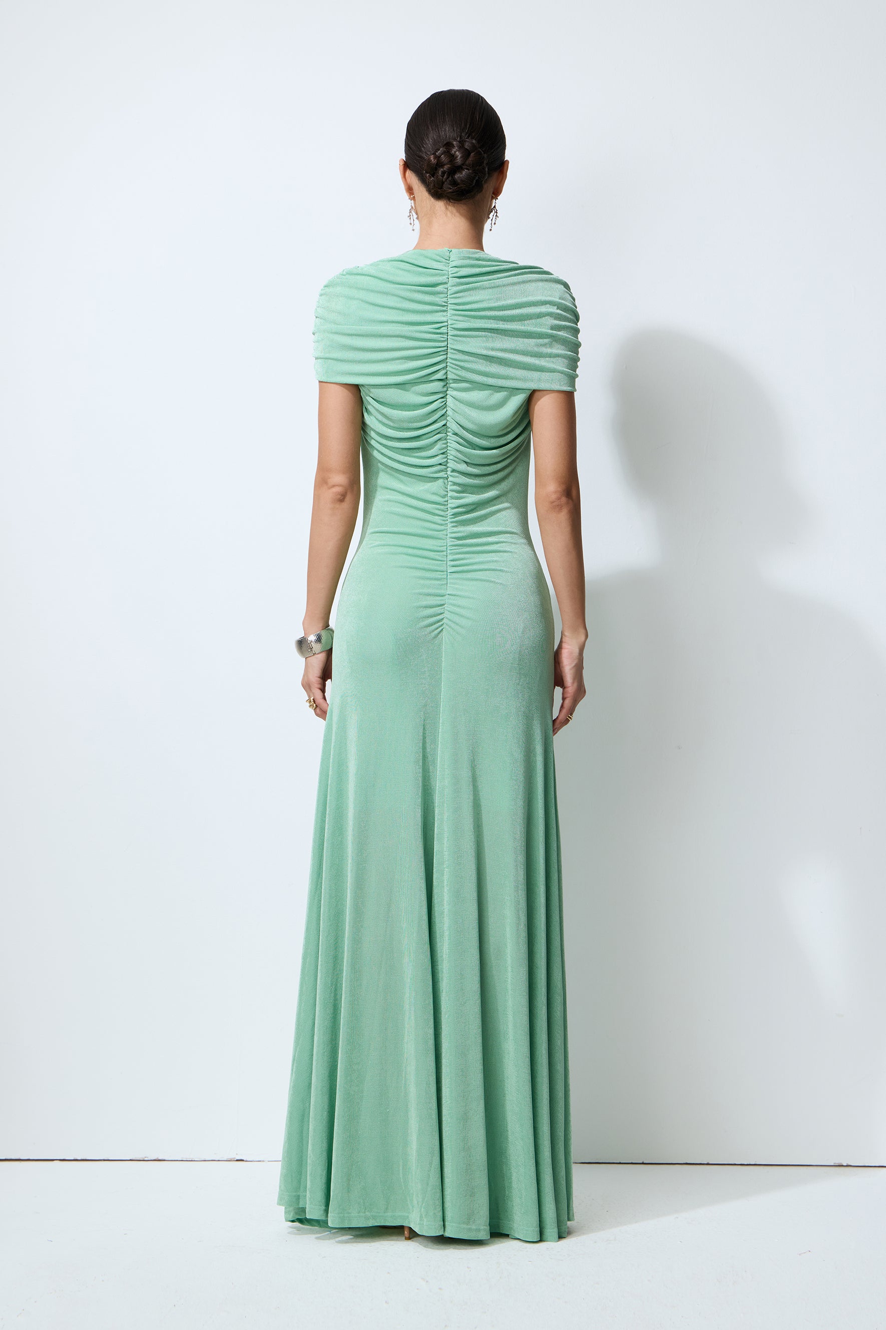Sunlit Freshness Green Ruched Cap Sleeve Maxi Dress