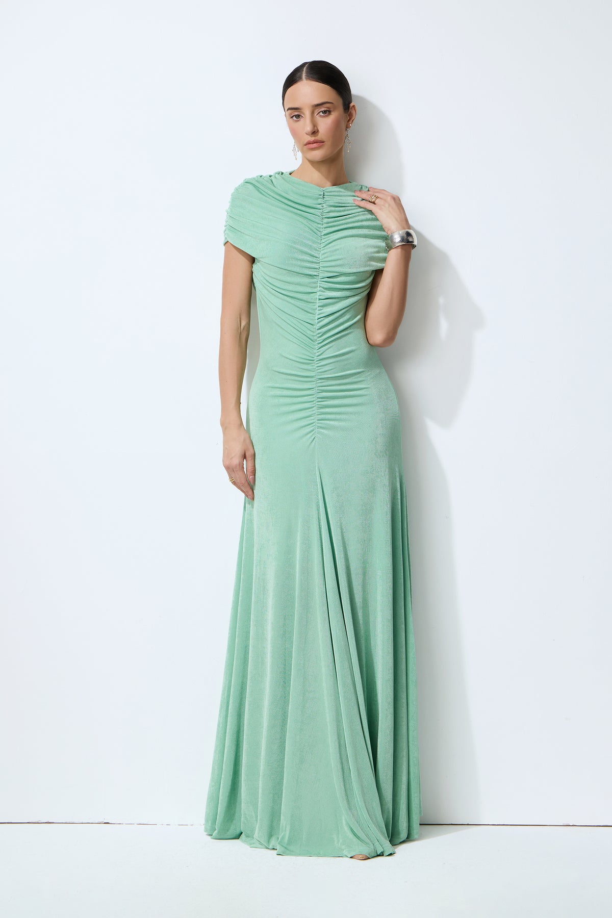 Sunlit Freshness Green Ruched Cap Sleeve Maxi Dress