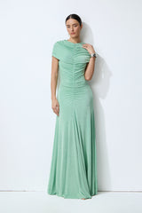 Sunlit Freshness Green Ruched Cap Sleeve Maxi Dress
