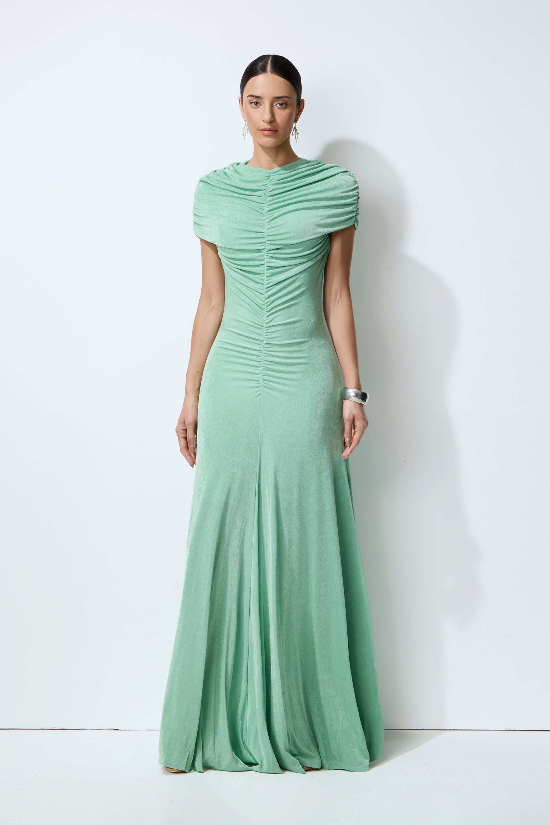 Sunlit Freshness Green Ruched Cap Sleeve Maxi Dress