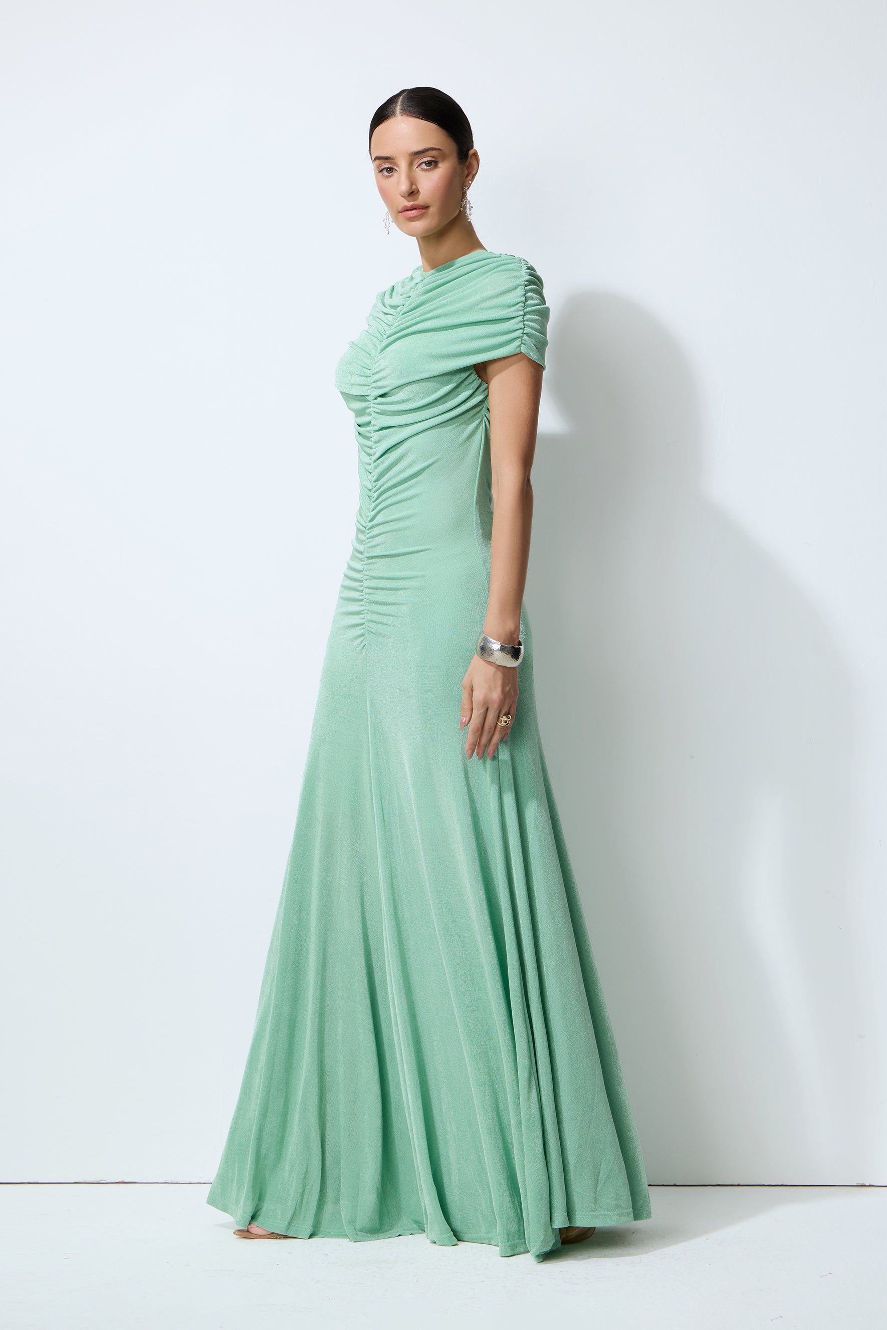 Sunlit Freshness Green Ruched Cap Sleeve Maxi Dress