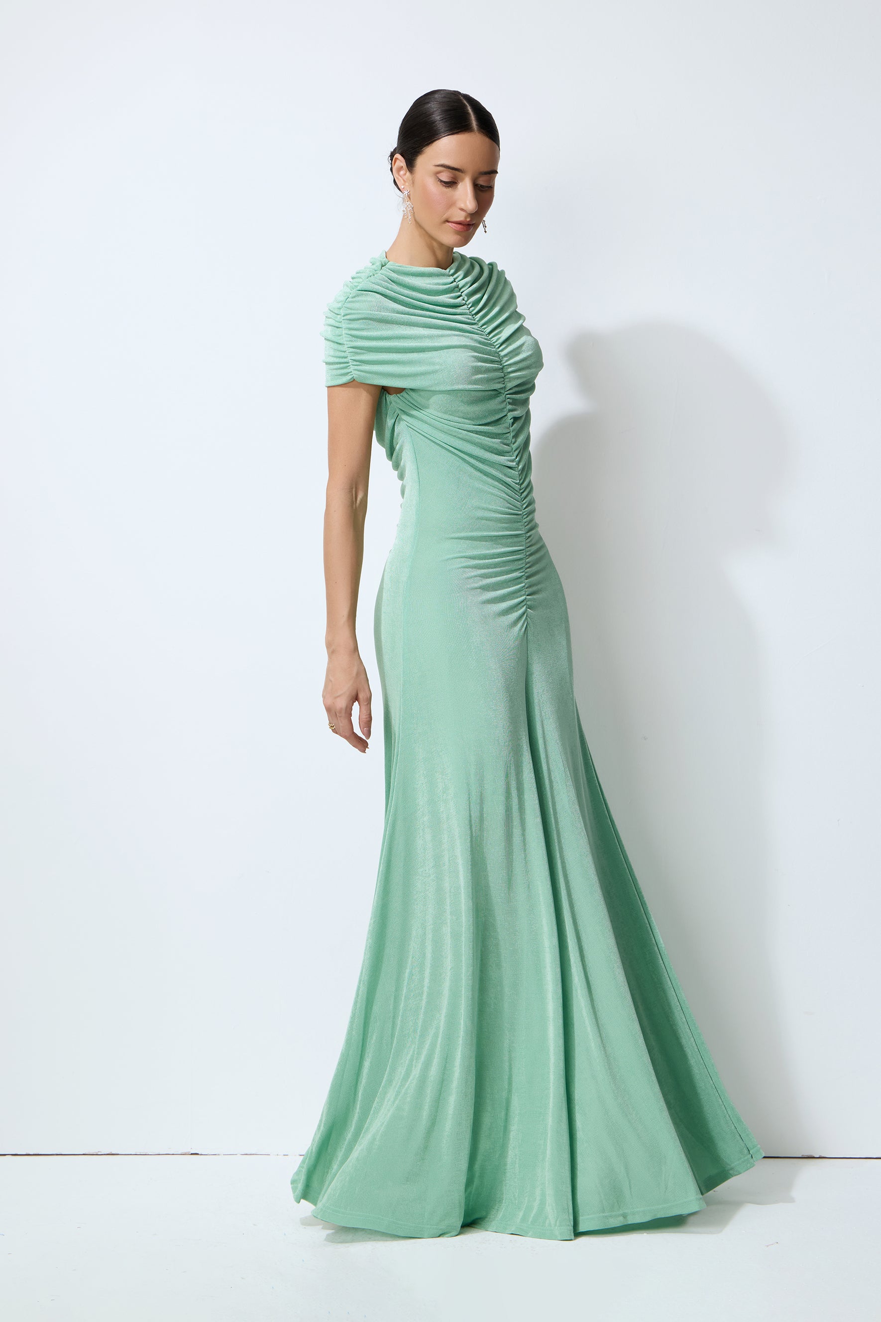 Sunlit Freshness Green Ruched Cap Sleeve Maxi Dress