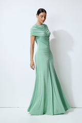 Sunlit Freshness Green Ruched Cap Sleeve Maxi Dress