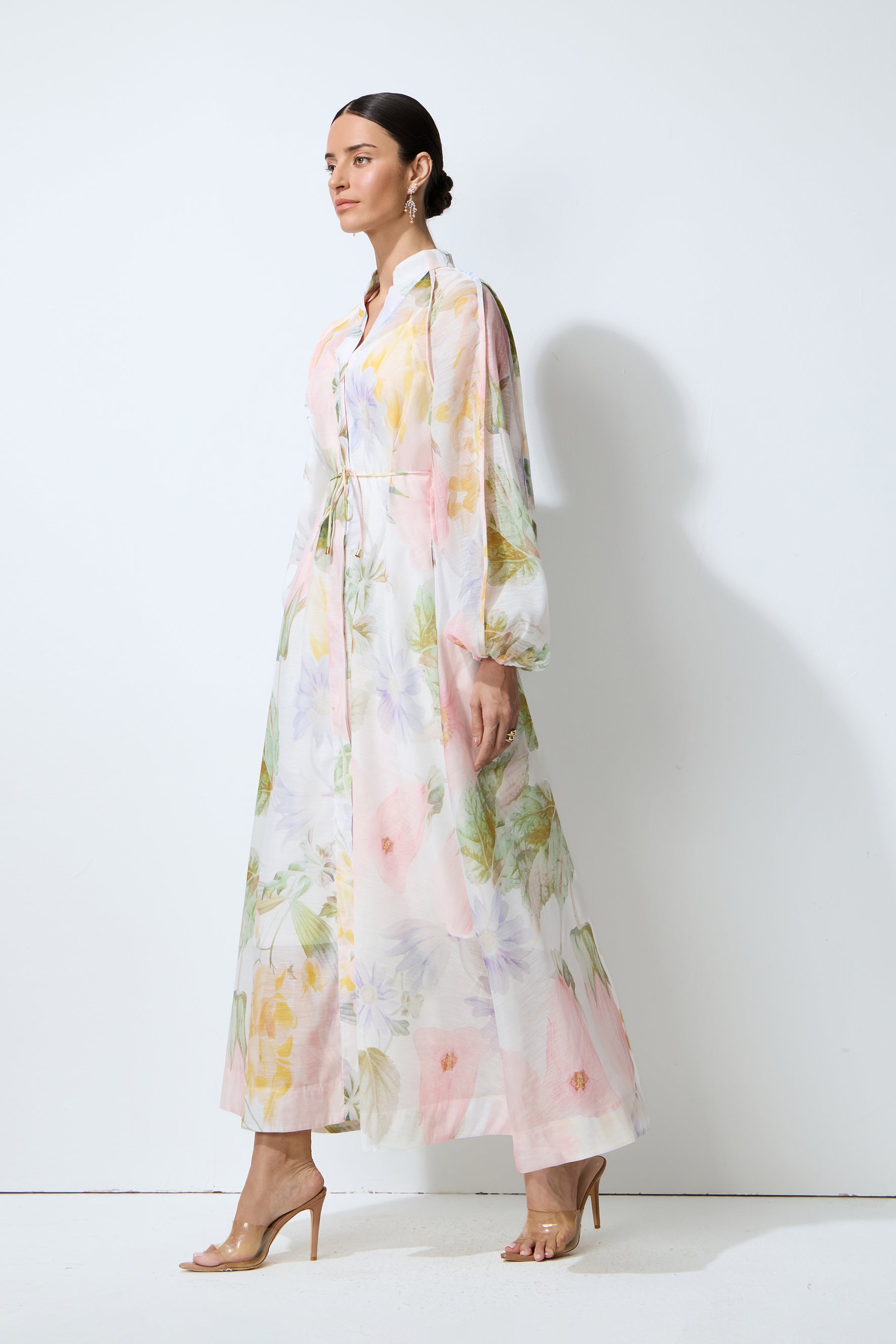 Petals in Motion White Floral Print Long Sleeve Maxi Dress