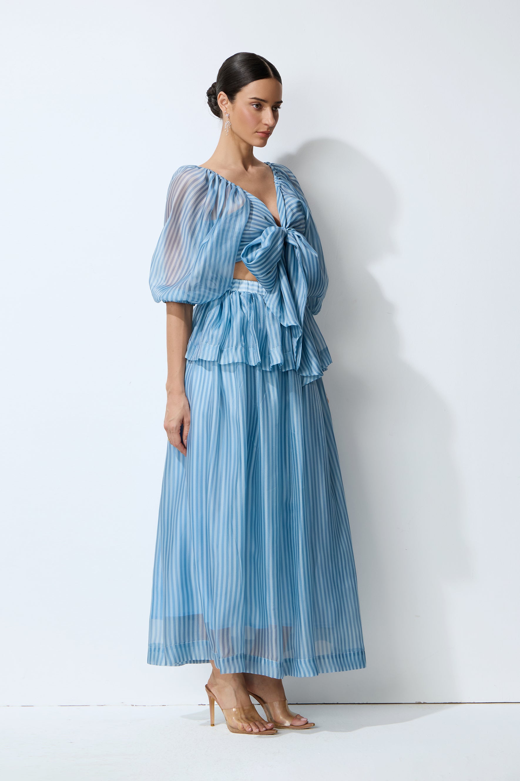 Seaside Darling Blue Striped Bow Crop Top & Skirt Set