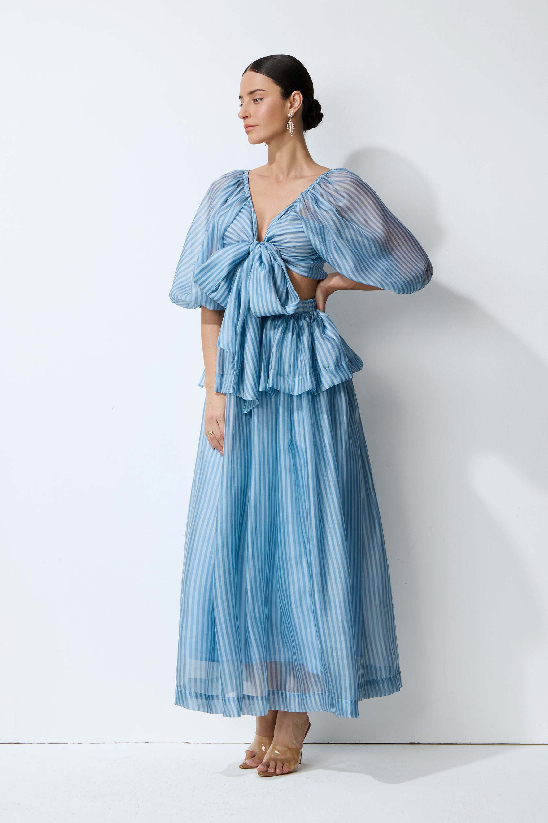 Seaside Darling Blue Striped Bow Crop Top & Skirt Set
