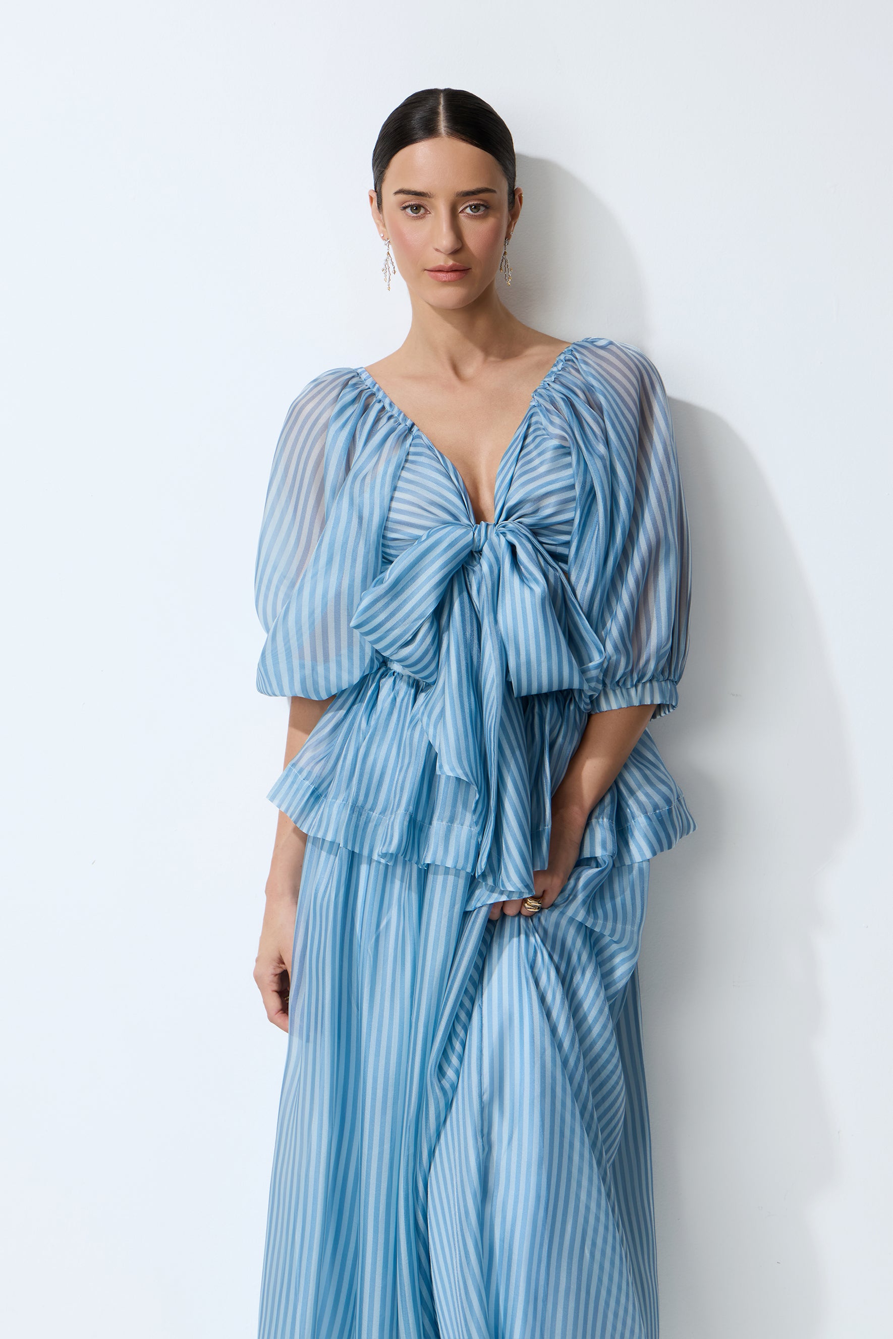 Seaside Darling Blue Striped Bow Crop Top & Skirt Set