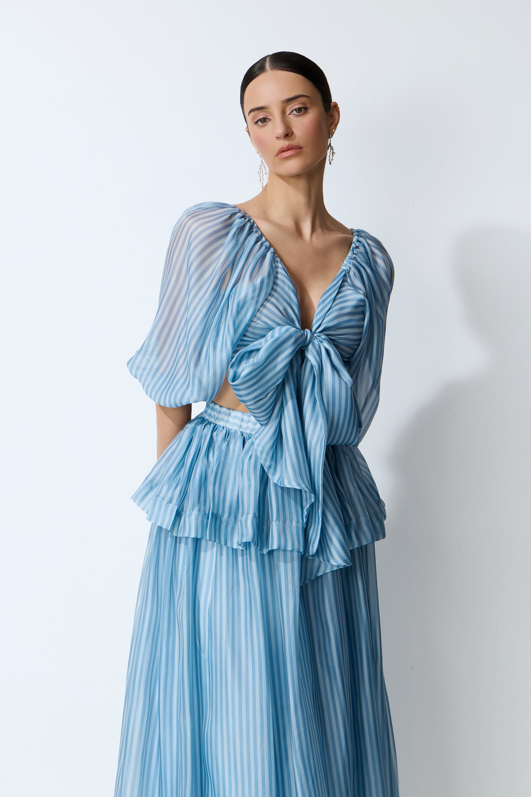Seaside Darling Blue Striped Bow Crop Top & Skirt Set