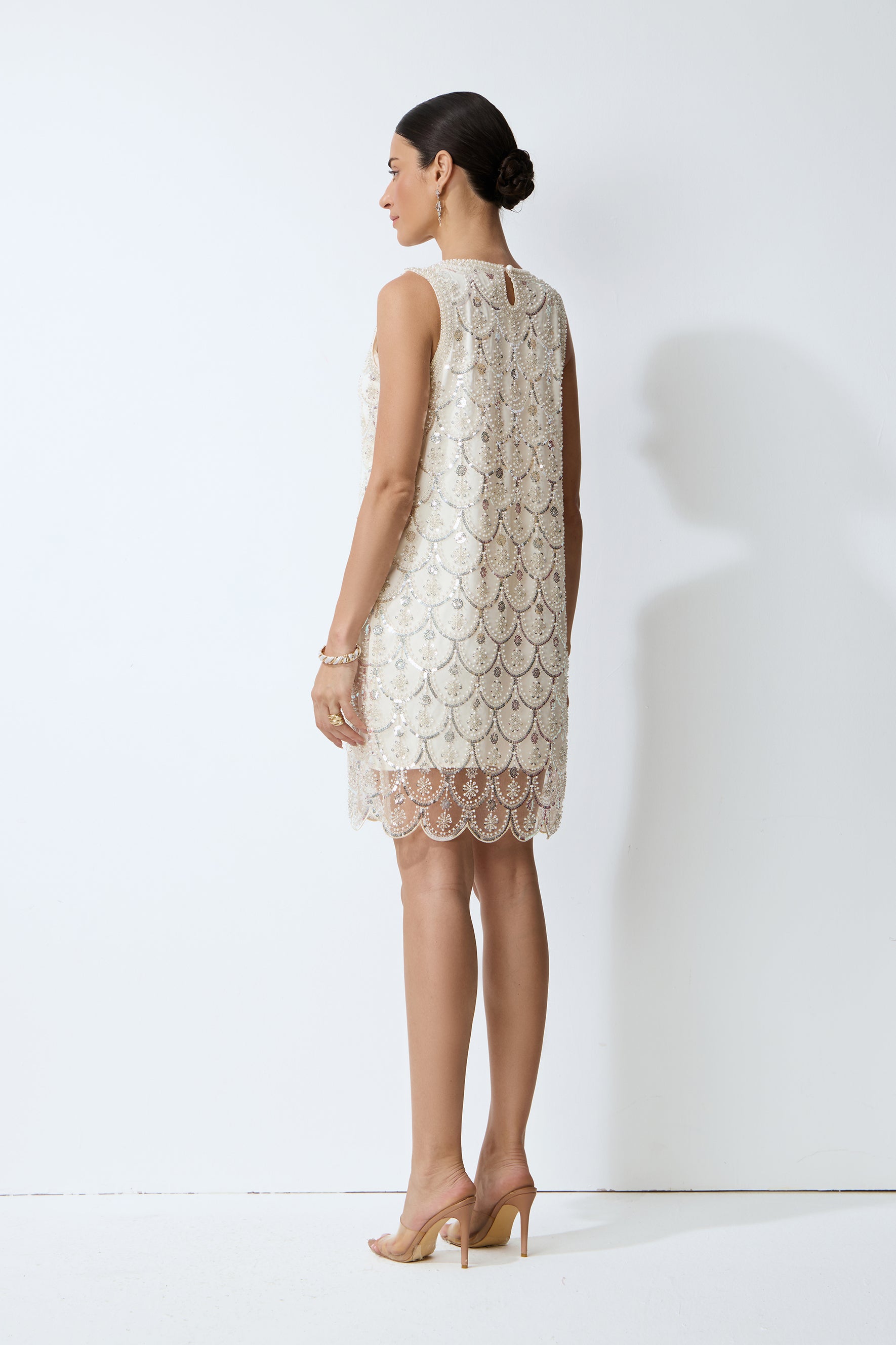 Luxe Nights Beige Beaded Sequin Sleeveless Mini Dress
