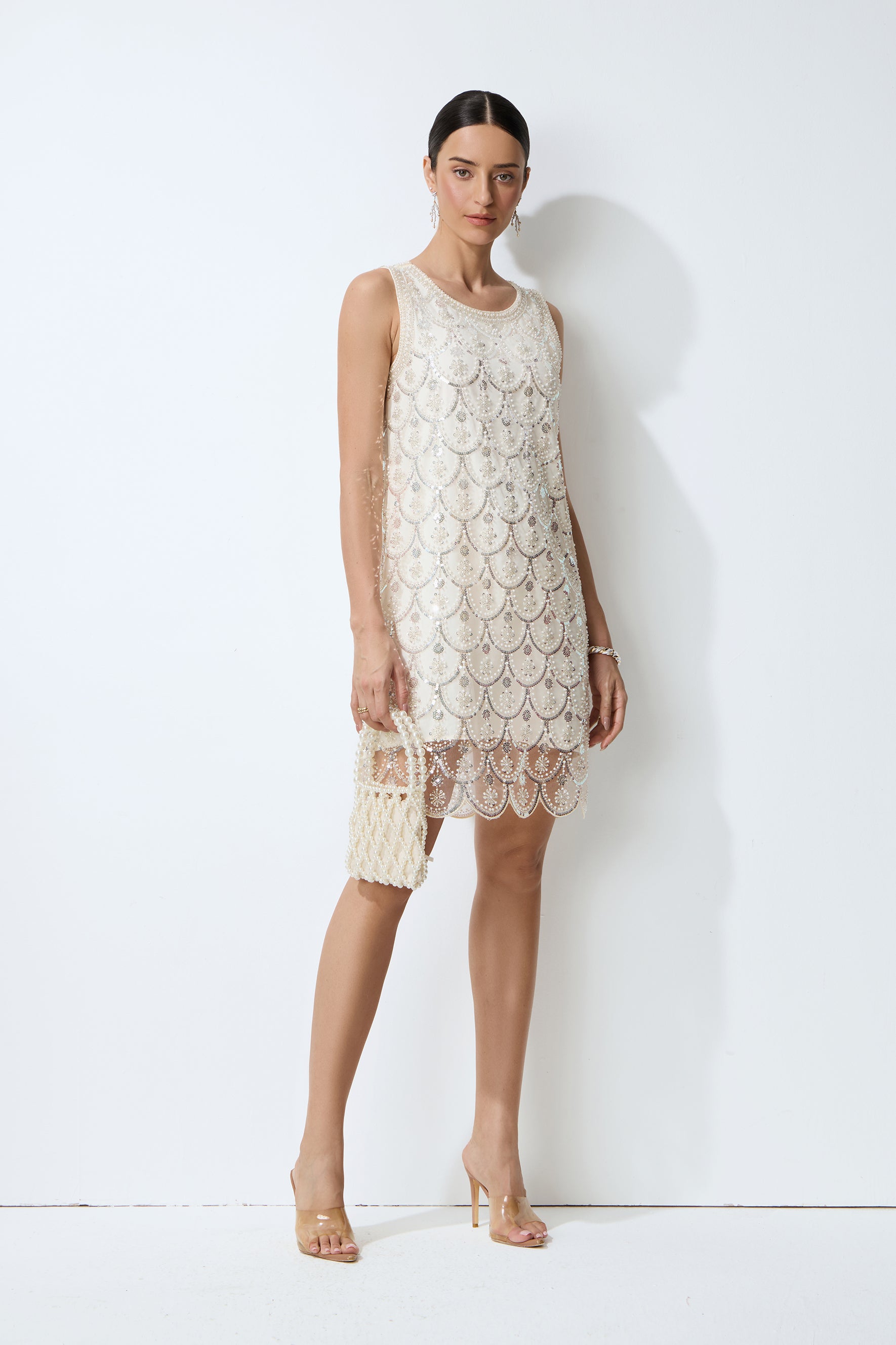 Luxe Nights Beige Beaded Sequin Sleeveless Mini Dress