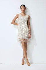 Luxe Nights Beige Beaded Sequin Sleeveless Mini Dress