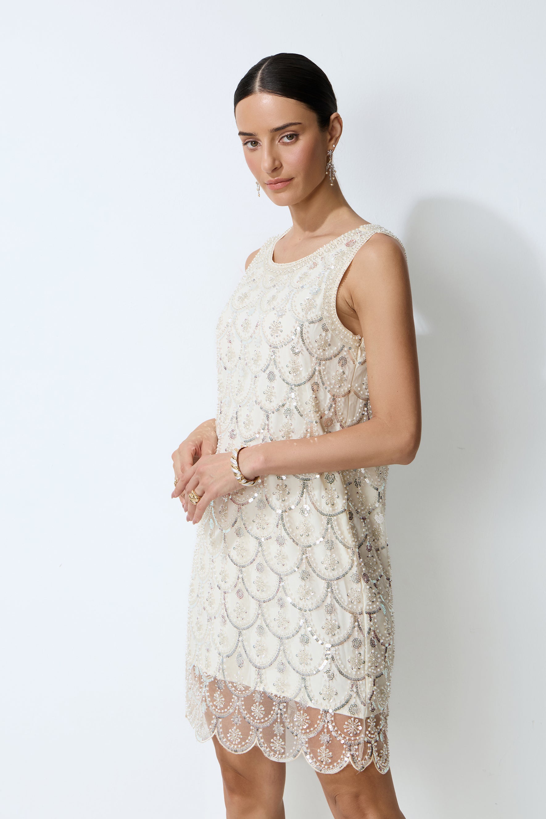 Luxe Nights Beige Beaded Sequin Sleeveless Mini Dress