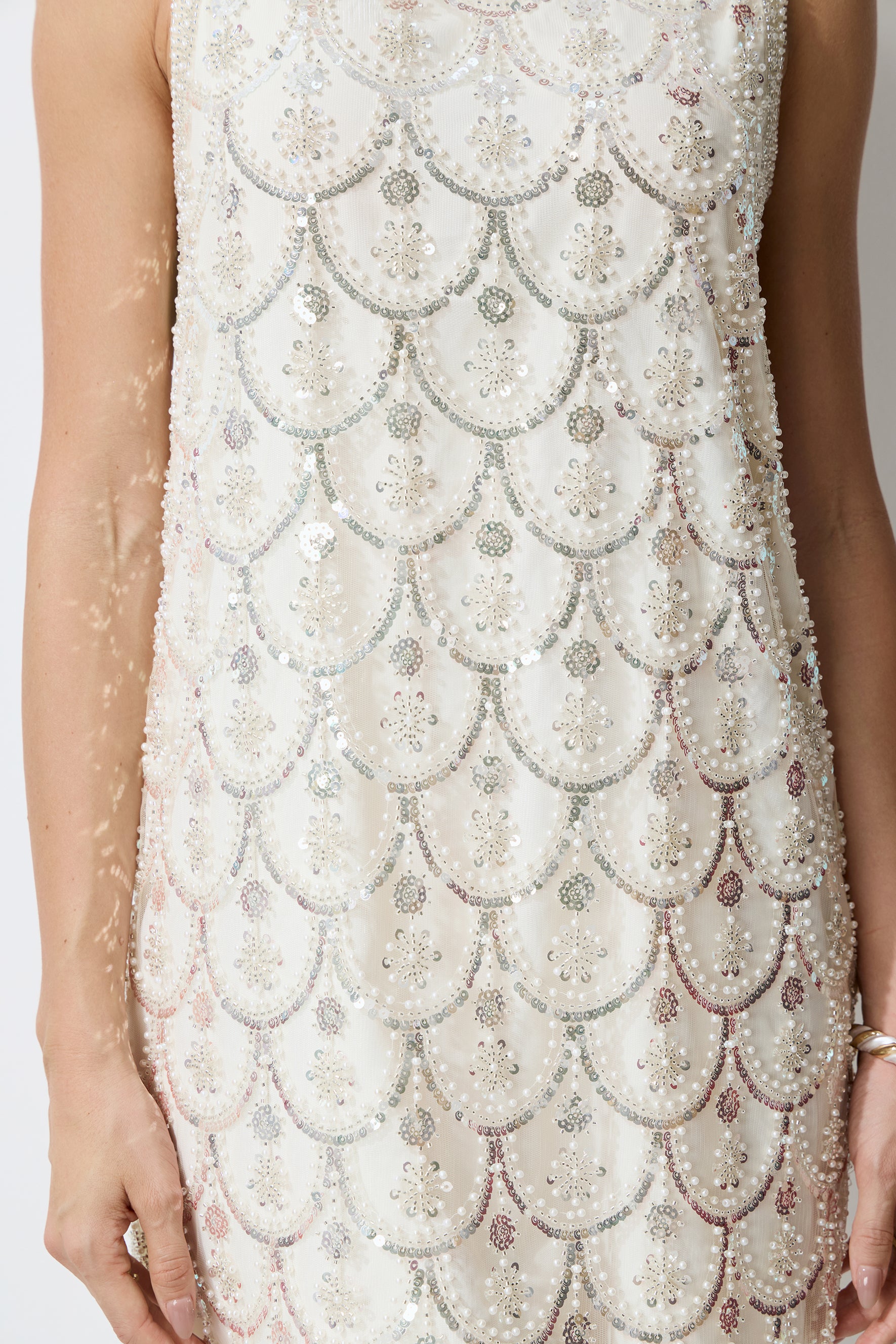 Luxe Nights Beige Beaded Sequin Sleeveless Mini Dress
