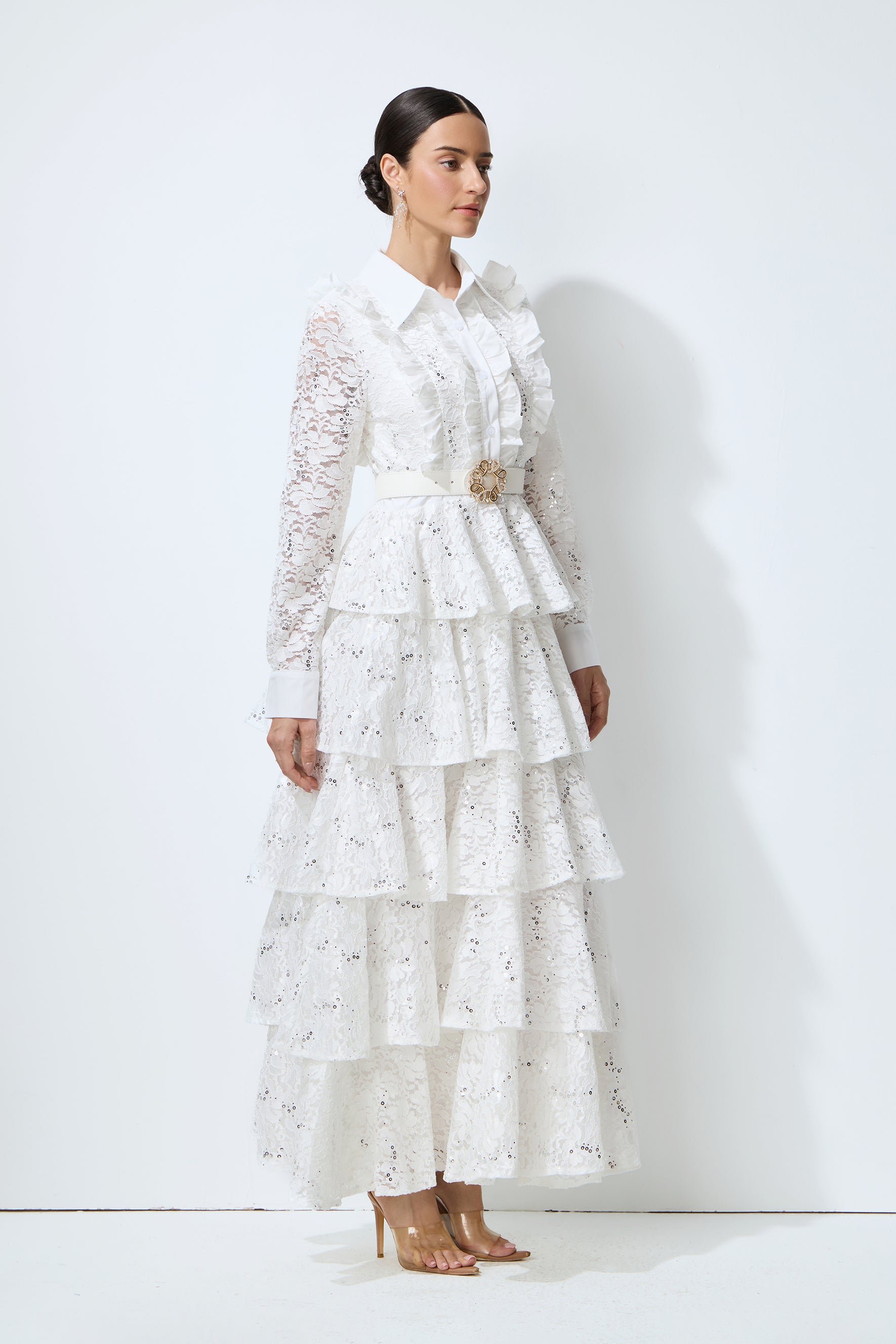 Sunkiss Veil White Sequin Embellished Tiered Lace Maxi Dress