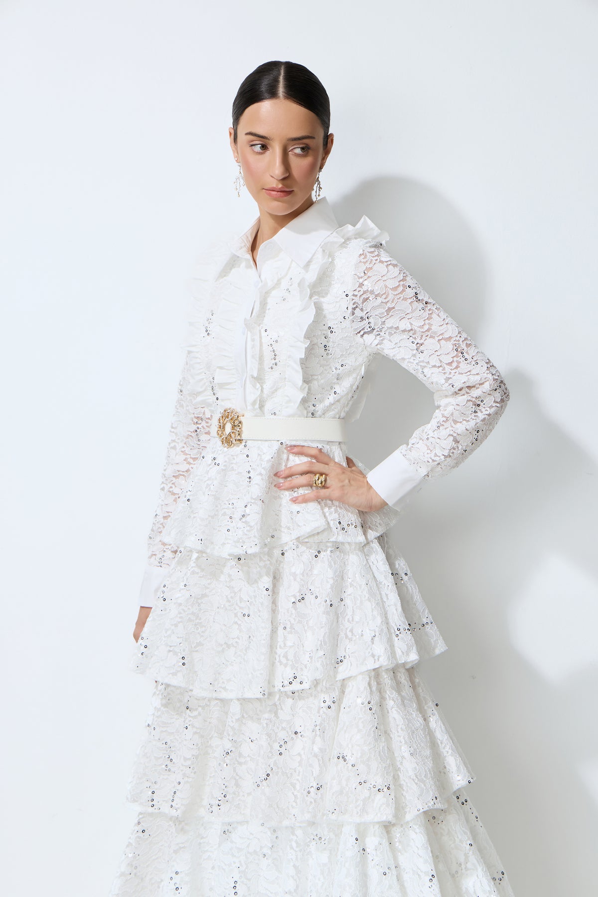 Sunkiss Veil White Sequin Embellished Tiered Lace Maxi Dress